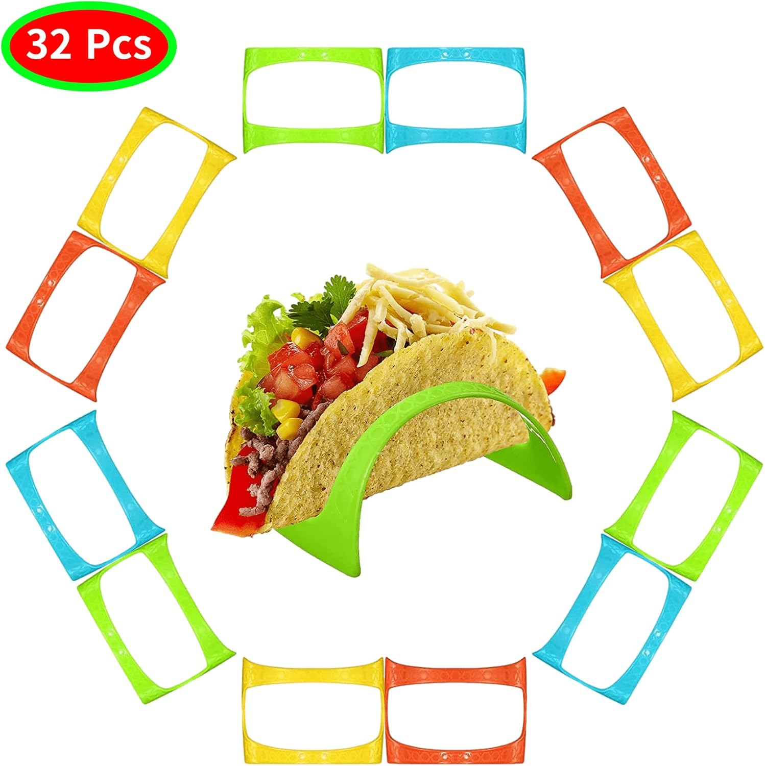 AOUXSEEM Paquete de 32 soportes para tacos con bolsa de almacenamiento, plástico no tóxico, sin BPA, colorido fondo plano, bandeja para tacos,