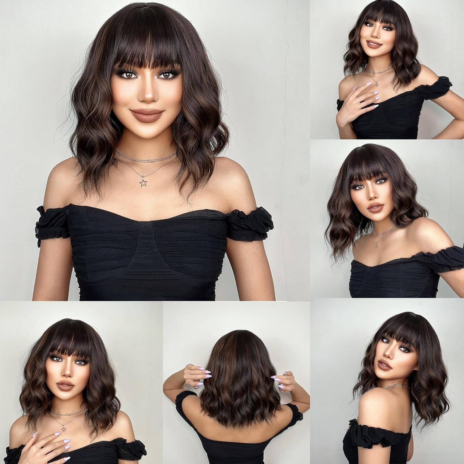 Doremiy Pelucas onduladas cortas de color negro con rayas marrones para mujer, peluca natural hasta el hombro con flequillo, pelucas sintéticas para