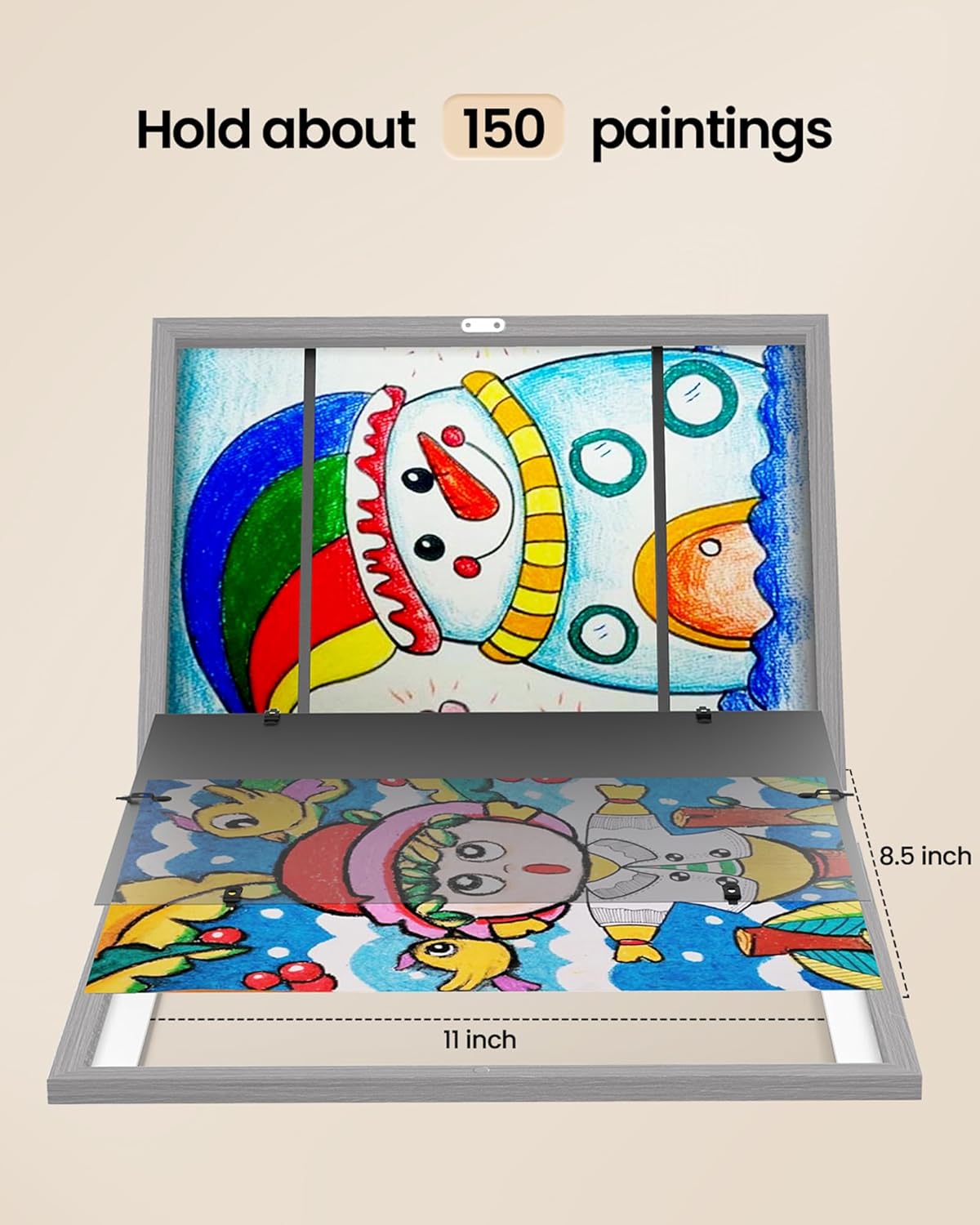 BAIJIALI Paquete de 2 marcos de arte grises para niños, marcos de arte para niños, exhibición intercambiable de 8.5 x 11 pulgadas con paspartú o de