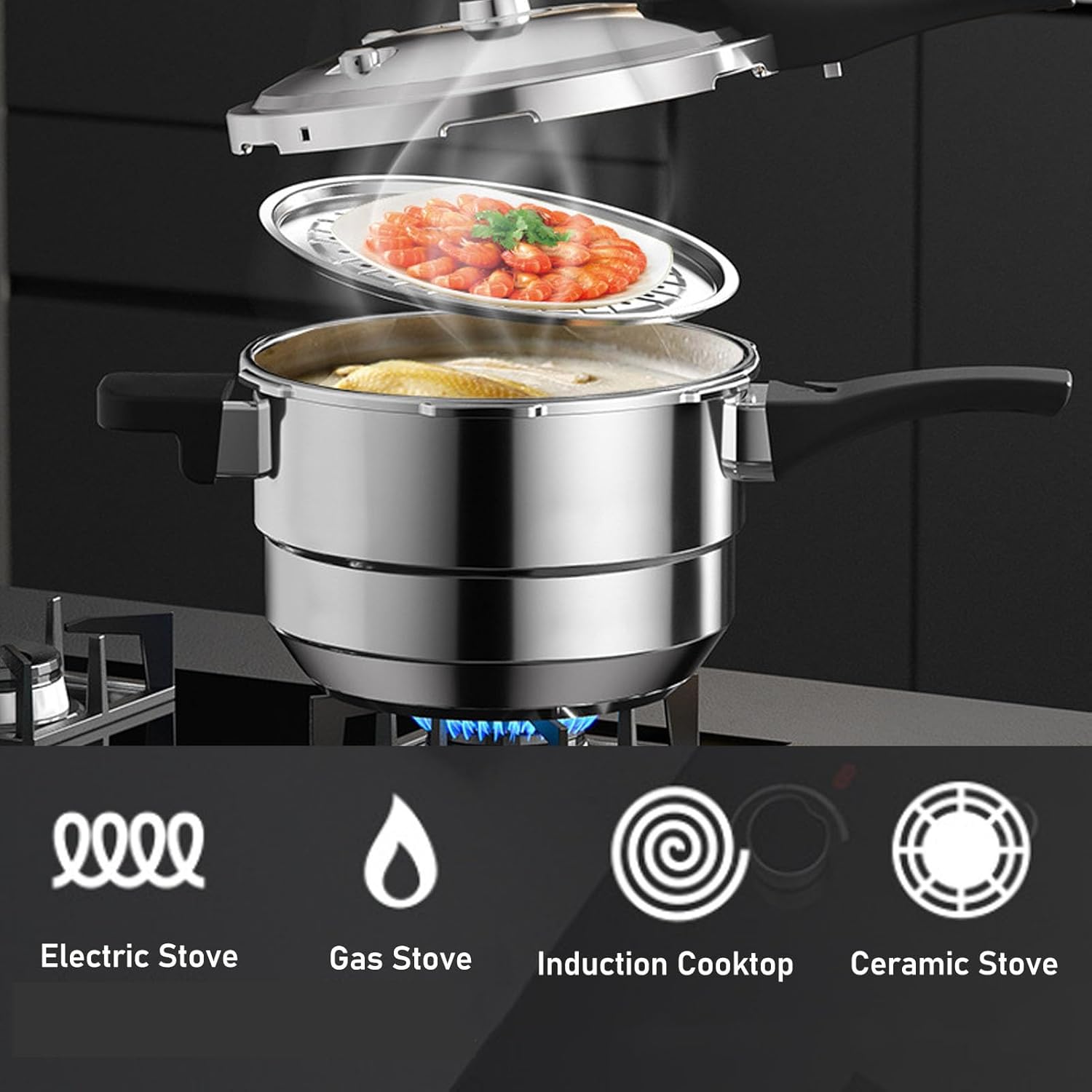 Olla a presión de acero inoxidable olla de cocción rápida con estante para vapor, diseño seguro para cocina casera (8L)