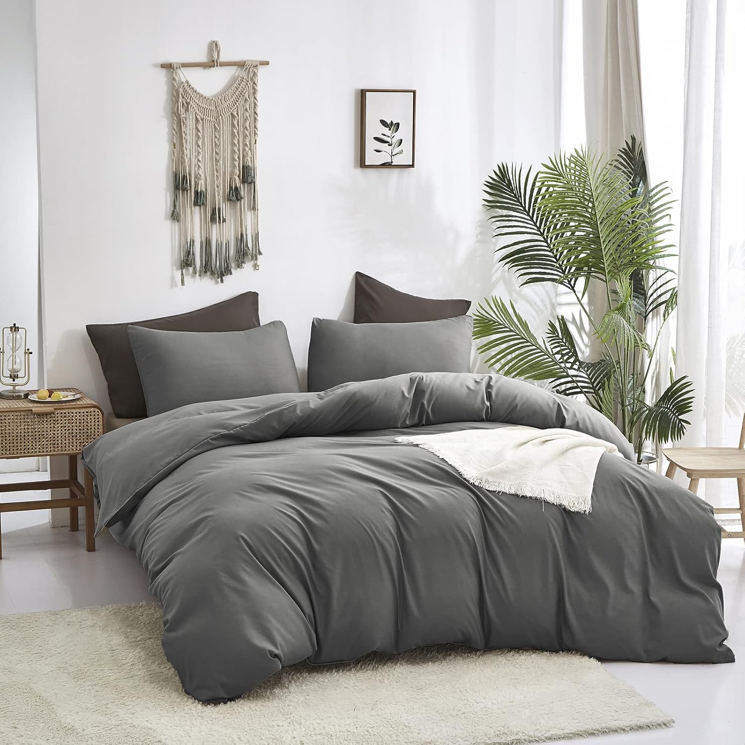 Cottonight Juego de edredón unicolor gris tamaño California king, juego de ropa de cama gris oscuro, moderno y ligero, para mujeres y hombres