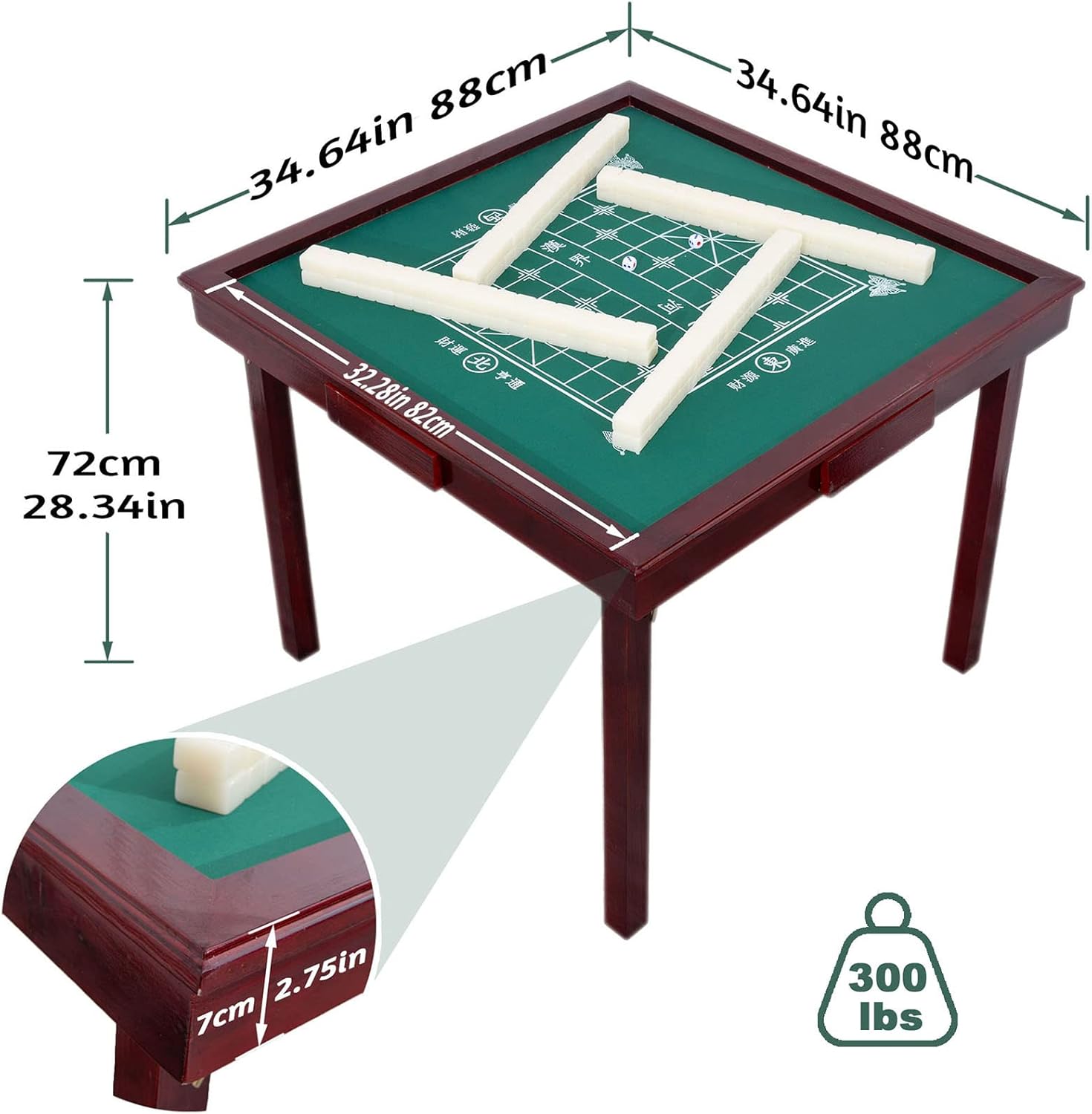 Mesa Mahjong plegable, mesa de cartas multifunción de 35 pulgadas con 4 portavasos y 4 cajones, mesa de juego cuadrada para mahjong, blackjack de
