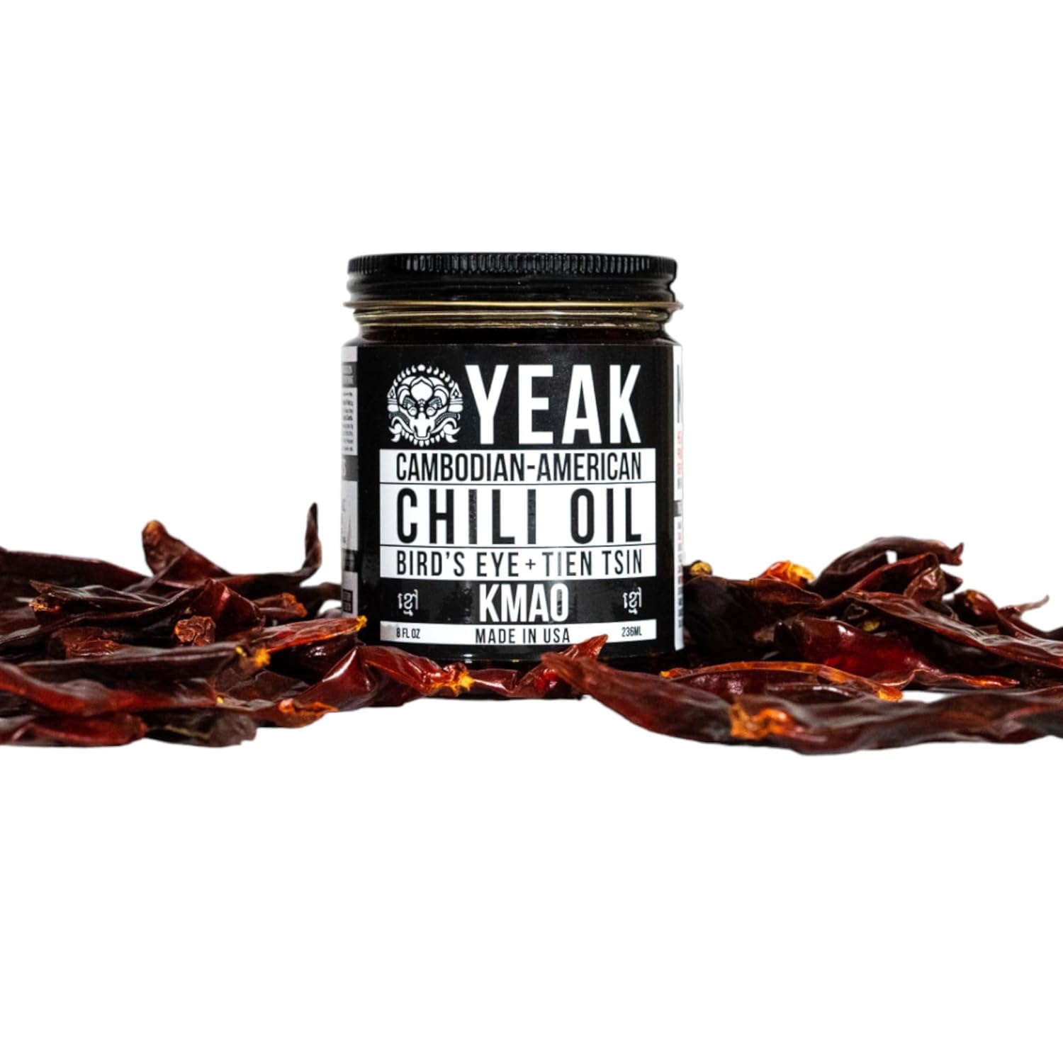Yeak Inc Salsa picante Kmao Chili Oil para filetes, fideos, tacos Salsa casera Camboyano-Americana (Chili Oil KMAO) Nivel de calor – Caliente
