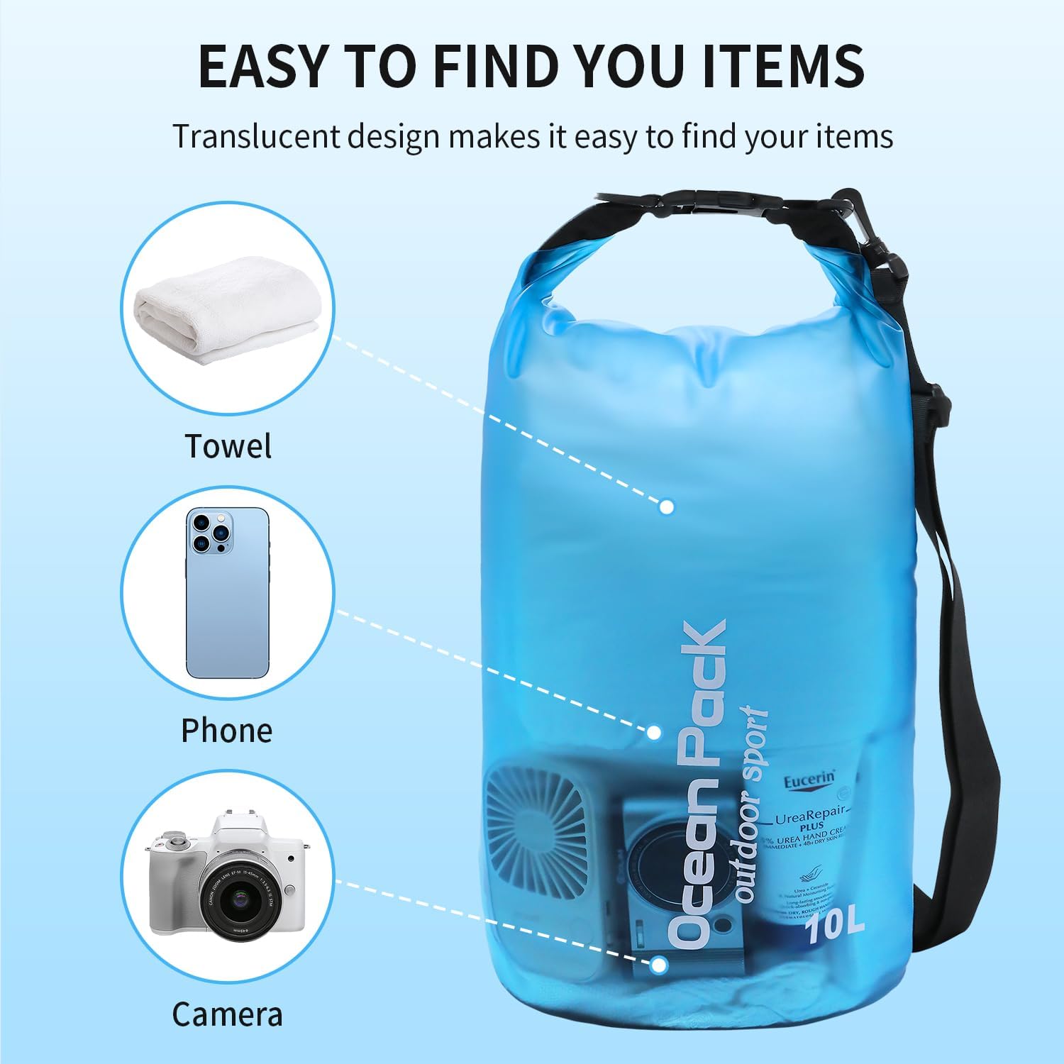Bolsa seca impermeable para mujeres y hombres, bolsa de almacenamiento ligera y seca de 10 L15 L, saco flotante con funda impermeable para teléfono,