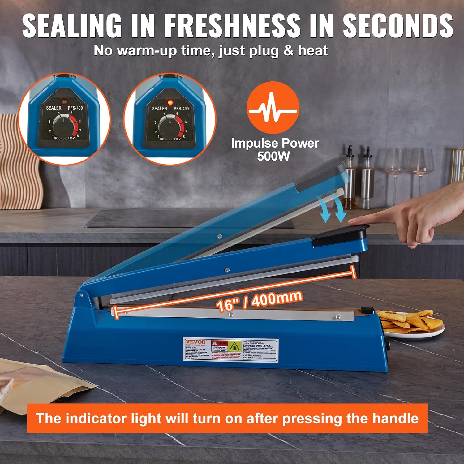 VEVOR Sellador de impulso de 16 pulgadas, máquina de sellado térmico manual con modo de calefacción ajustable, selladores de bolsas retráctiles ABS