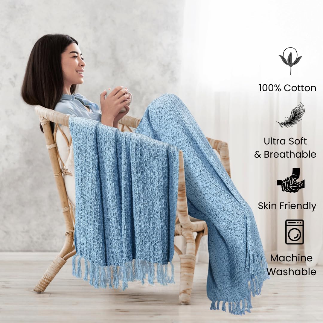 Manta 100% algodón de punto gofre, calidad de 405 GSM, ligera, lavada, suave, transpirable, para adultos y niños, capa de manta perfecta para sofá,