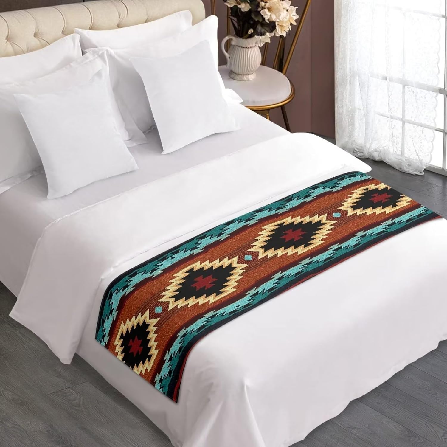 Southwestern – Camino de cama para tamaño Queen, bufanda para pie de cama, tribal, nativo americano, Navajo, corredores de cama y bufandas, bufanda