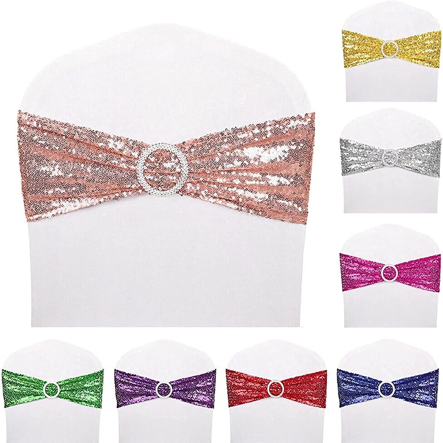 Fajas de lentejuelas para sillas de elastano, paquete de 6 bandas elásticas de lentejuelas con hebilla para bodas, banquetes, cumpleaños,