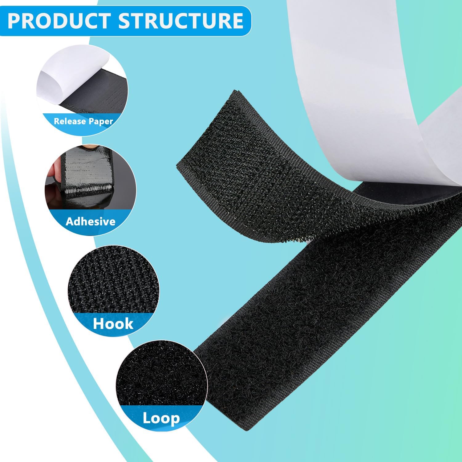 Cinta de gancho y bucle de 30 pies x 1 pulgada, cinta adhesiva de nailon resistente con adhesivo para escuela, hogar y exteriores (negro, 1 pulgada)