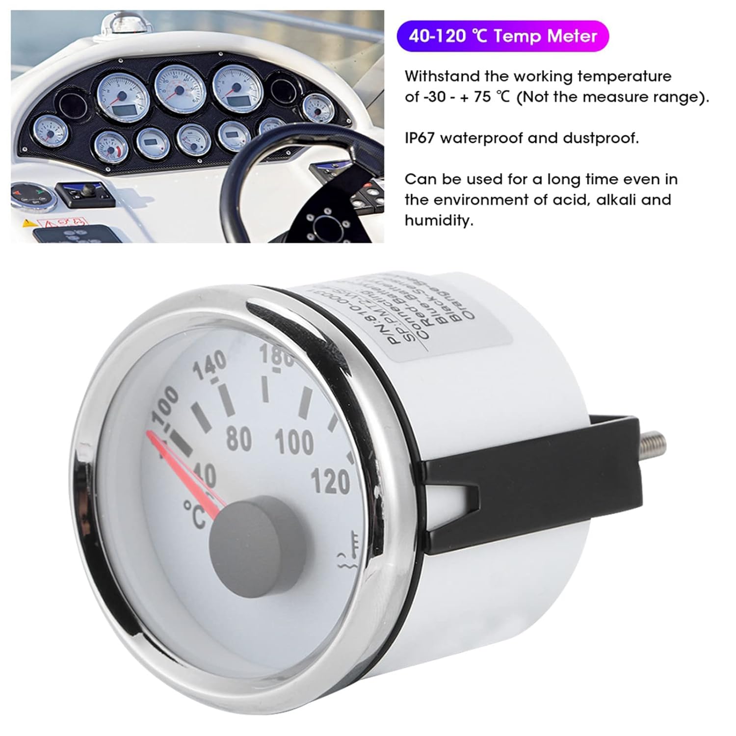 Medidor de temperatura del agua, 2.047 in2 pulgadas, medidor de temperatura del agua del motor marino, 104.0-248.0 F Rango de indicación IP67,