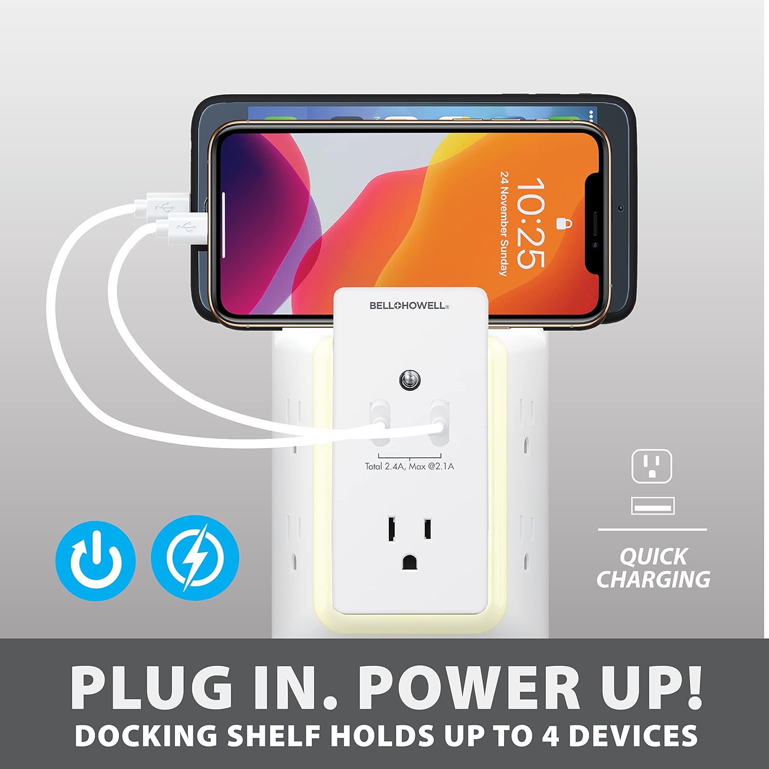 Bell+Howell Wall Power 7908 – Protector de sobretensiones con luz nocturna (automático) y soporte para dispositivos, 5 tomas de corriente y 2