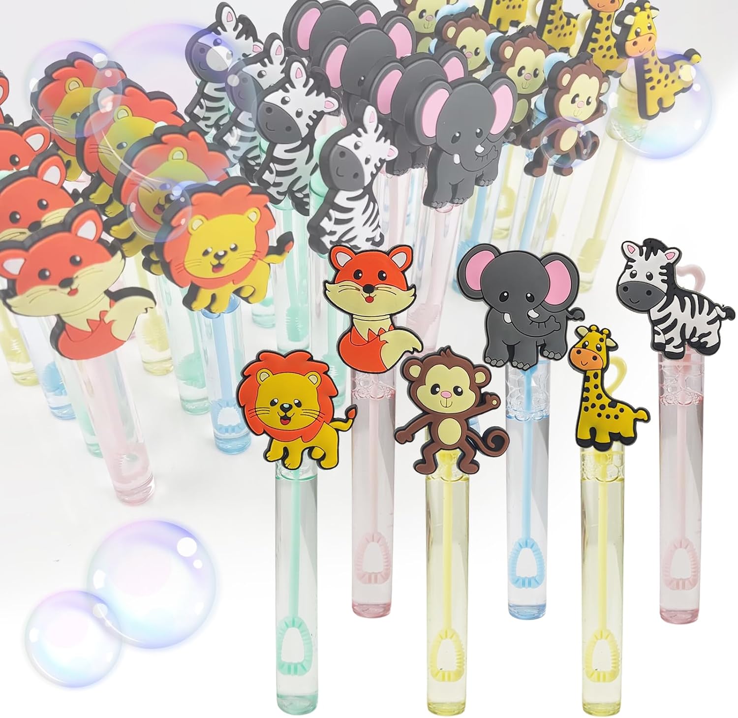 24 piezas de juguetes de animales de la selva, varita de burbujas para niños (6 estilos), bonita varita de burbujas ideal para animales del bosque,