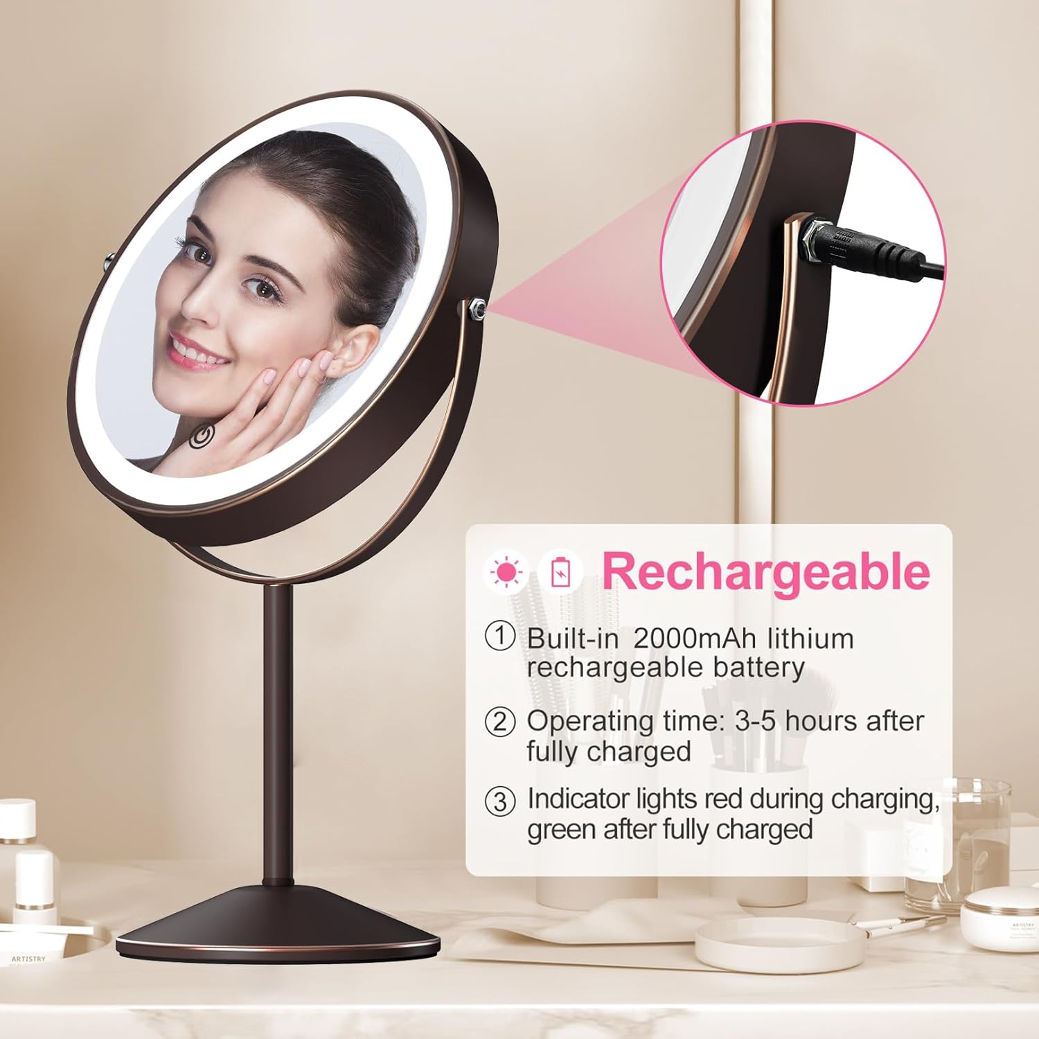 LOVESPEJO Espejo de maquillaje, espejo de aumento recargable de 8 pulgadas con luz, 1x10x rotación de 360, espejo de maquillaje iluminado, espejo de