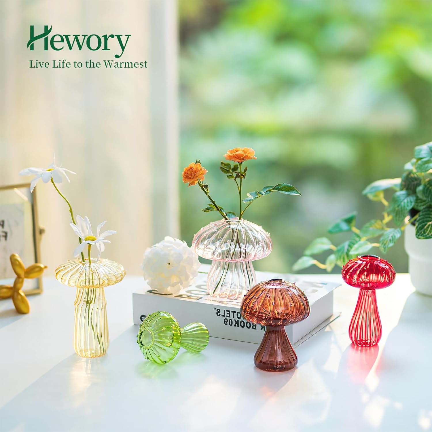 Hewory Jarrón de cristal con forma de hongo para flores, 10 jarrones de flores pequeños de colores únicos, floreros hidropónicos de propagación de