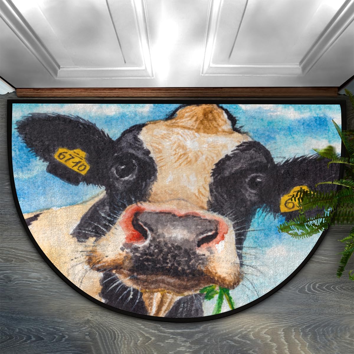 Tapete medio redondo para puerta de animal lechero, antideslizante, para entrada de bienvenida al aire libre, absorbente, lavable, para interiores y