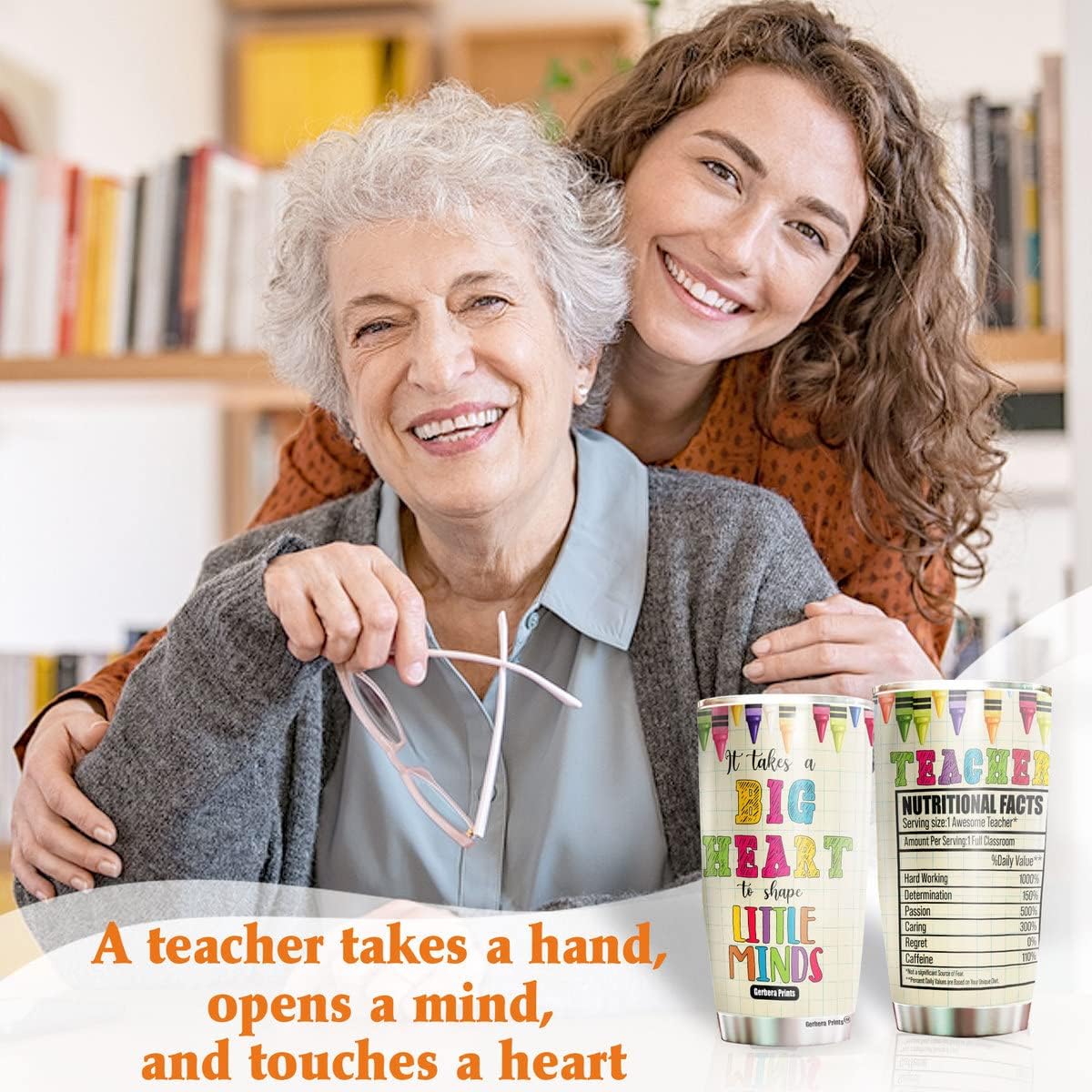 TC-HA0030 – Vaso para profesores de 20 onzas, con texto en inglés “It Takes A Big Heart To Shape Little Minds”, taza de información nutricional para