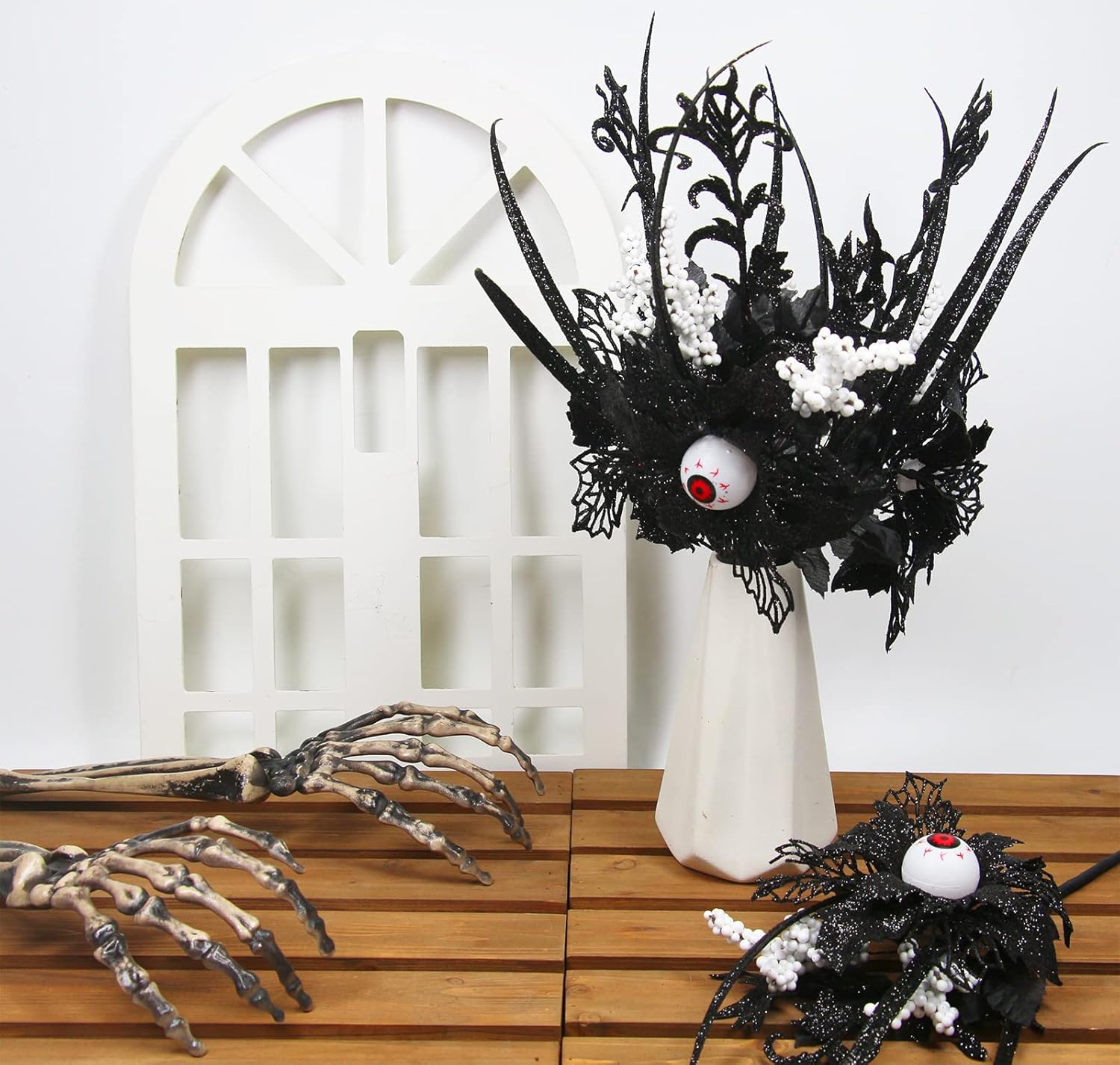 Tinsow 5 piezas de flores negras de Halloween, 16.5 pulgadas con purpurina de ojos del diablo, tallos de ojos artificiales para Halloween,