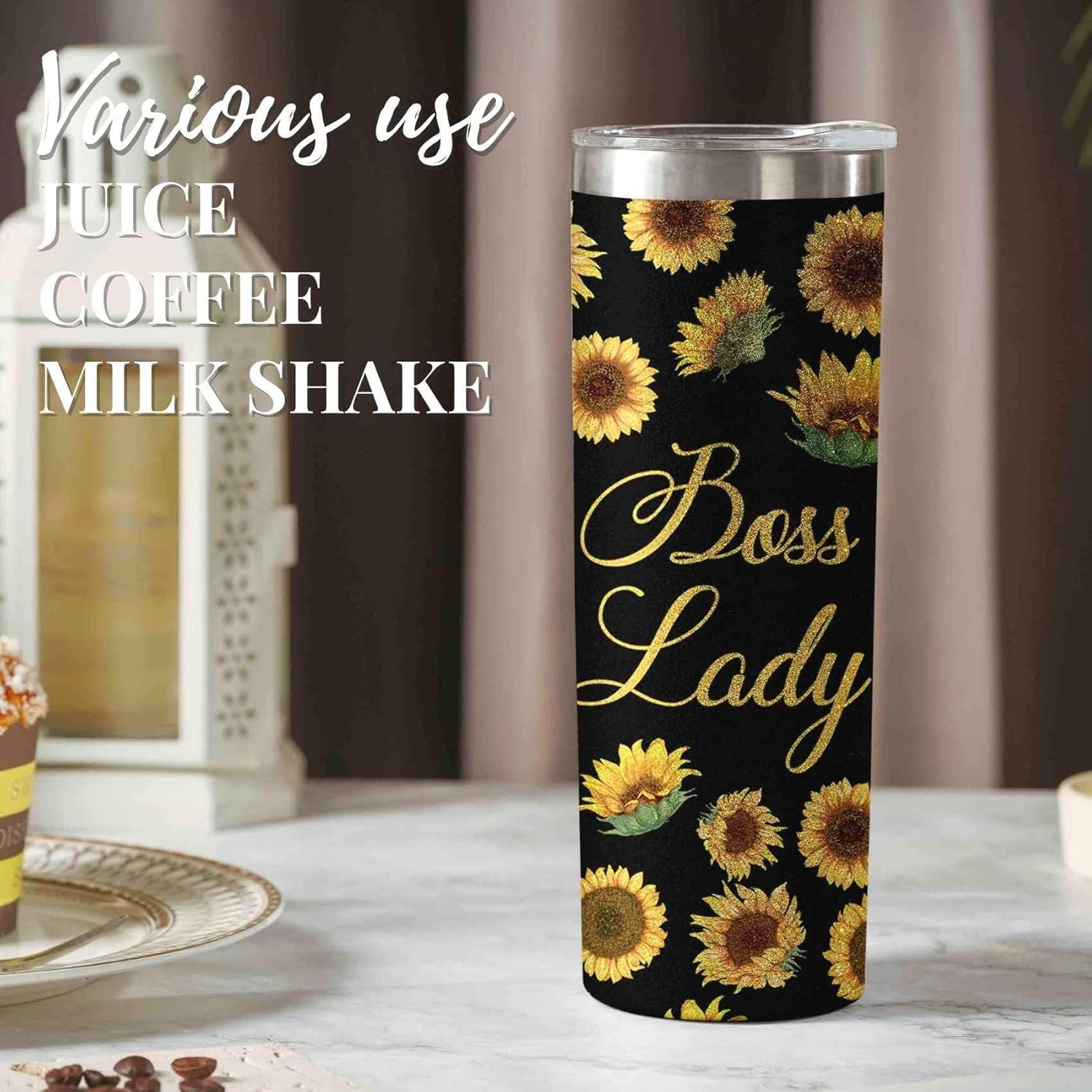 Regalos para mujer jefa, regalos de girasol para jefa, vasos aislados de acero inoxidable con tapas y pajitas de 20 onzas, divertida idea de regalo