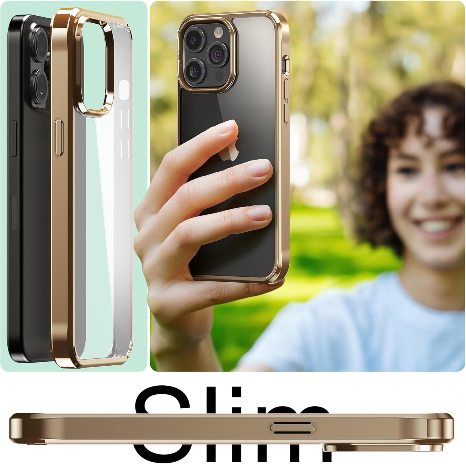 Foluu Funda ultradelgada para iPhone 15 Pro de 6.1 pulgadas con protector de pantalla de vidrio templado y protector de lente de cámara, chapado
