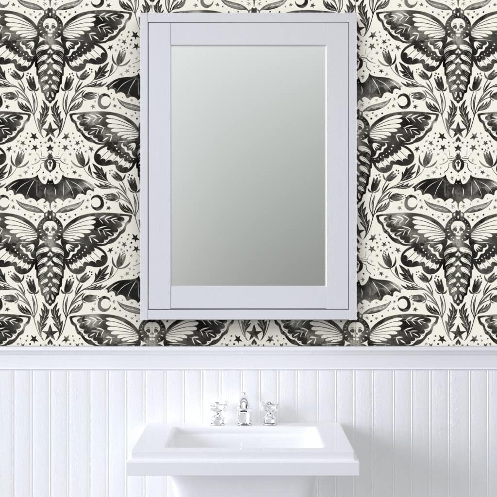 Spoonflower Papel tapiz extraíble de 12 x 2 pies  Acuarela Calavera Polilla Damasco Negro Blanco Flor Estrellas Elegante Tinta Magia Papel pintado