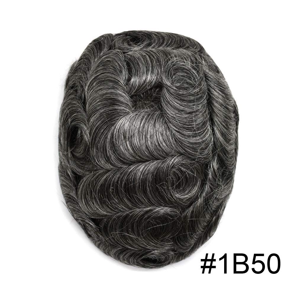 Peluca de encaje francés para hombre con piel de poliéster en el lateral, unidad de cabello transpirable para hombres, nudos blanqueados, protesis
