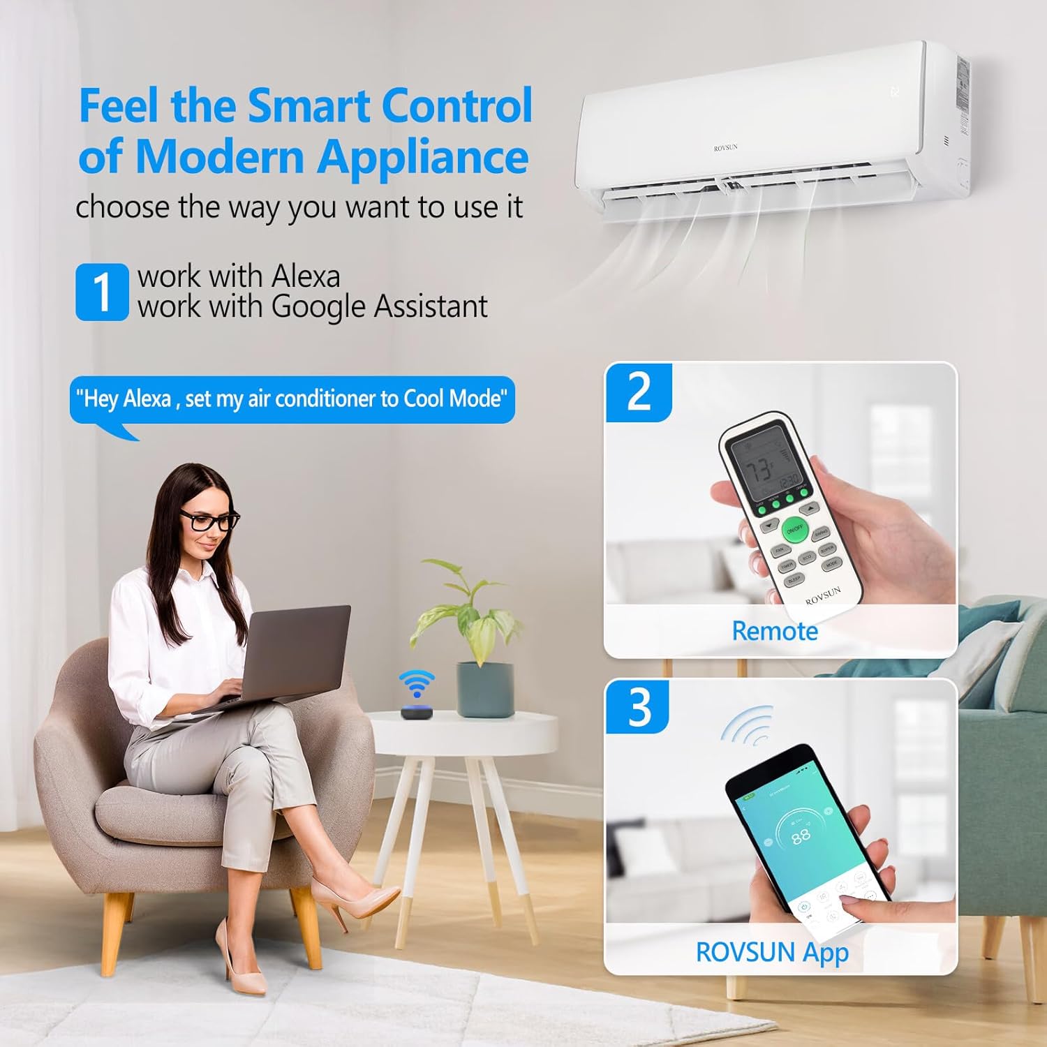 ROVSUN Aire acondicionado y calentador mini split habilitado para Wifi de 11000BTU, 17 SEER2 115V inversor de pared sin conductos, unidad de CA con