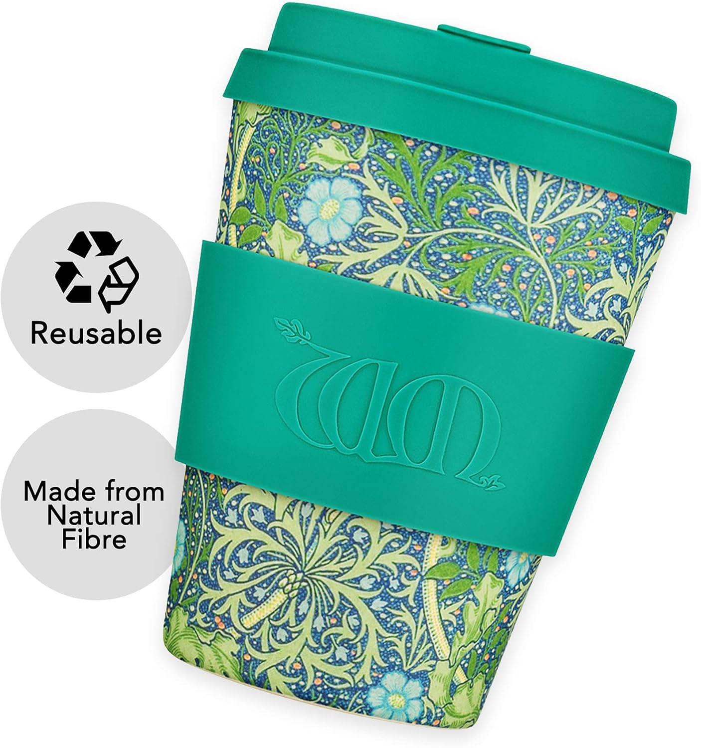 Ecoffee Cup + William Morris Seaweed Marine con silicona turquesa de 12 onzas, reutilizable y respetuosa con el medio ambiente para llevar