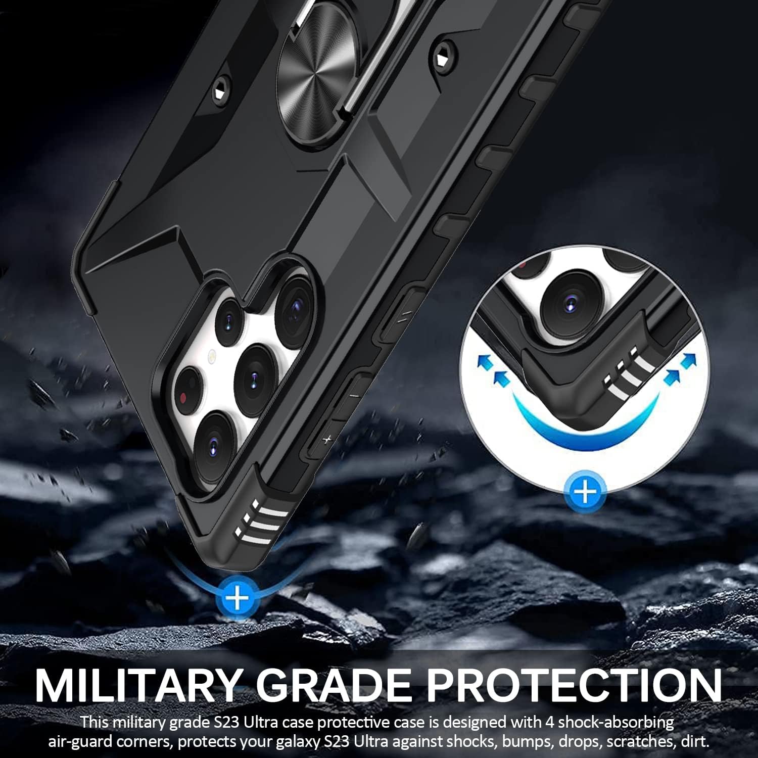 Miimall Funda compatible con Samsung Galaxy S23 Ultra, funda S23 Ultra con soporte de anillo y soporte giratorio y funda antideslizante a prueba de