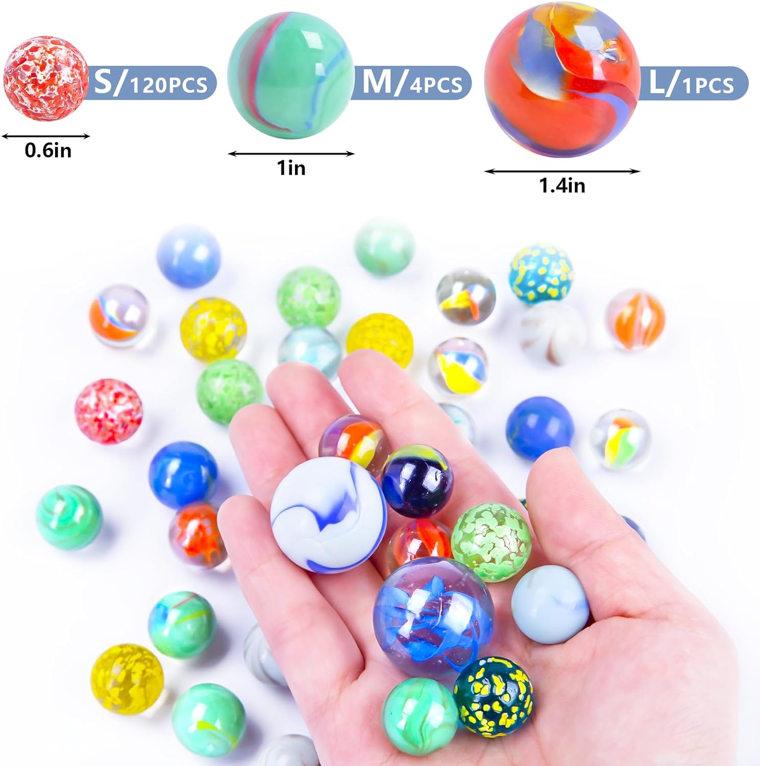 Shindel 125 piezas de canicas de vidrio a granel, cuentas de vidrio redondas con tarro de mármol estilo surtido canicas para niños, juego de canicas