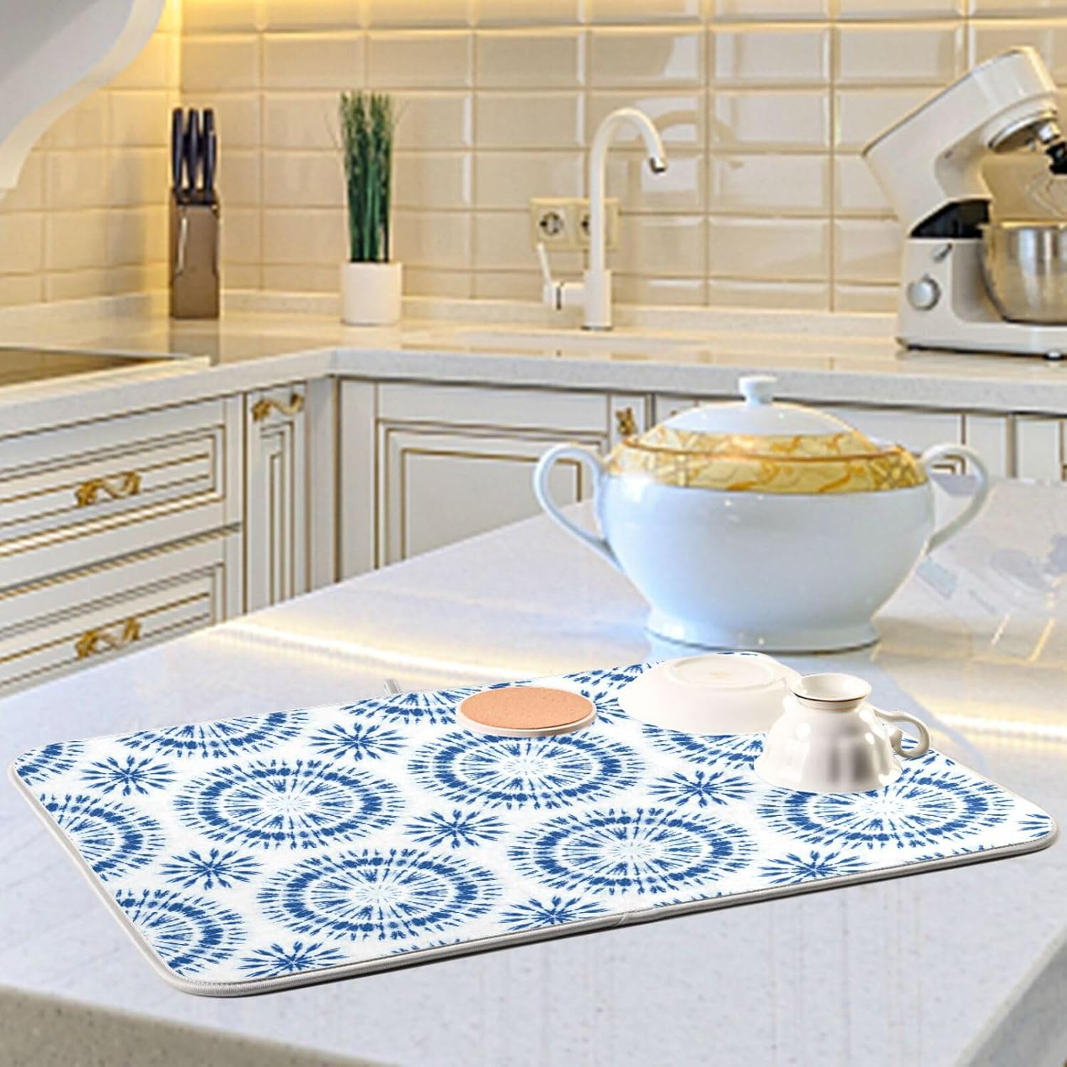 Indigo Tiedye Sunburst Dish Mat Washnable Absorbent Kitchen Counter Gadgets Dish Drainer Mats Tapete Para Cocina 16” x 18”