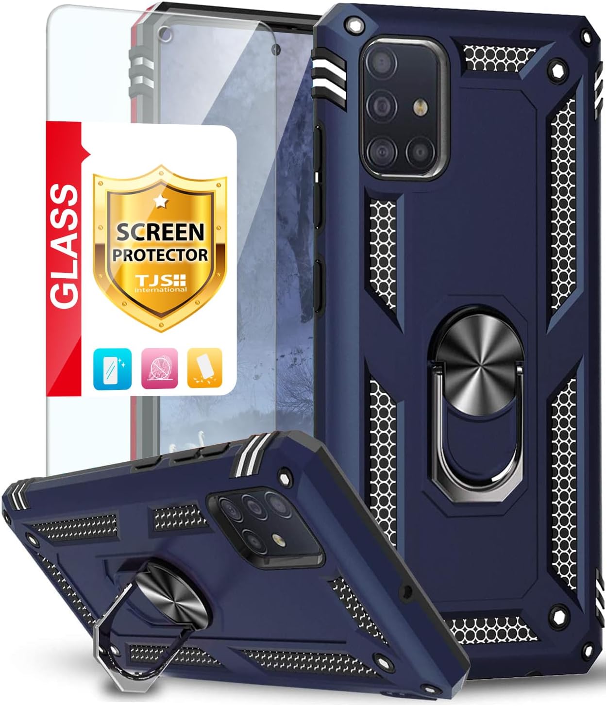 TJS Funda compatible con Samsung Galaxy A51 5G (no compatible con Galaxy A51 4G), con protector de pantalla de vidrio templado, anillo de metal,
