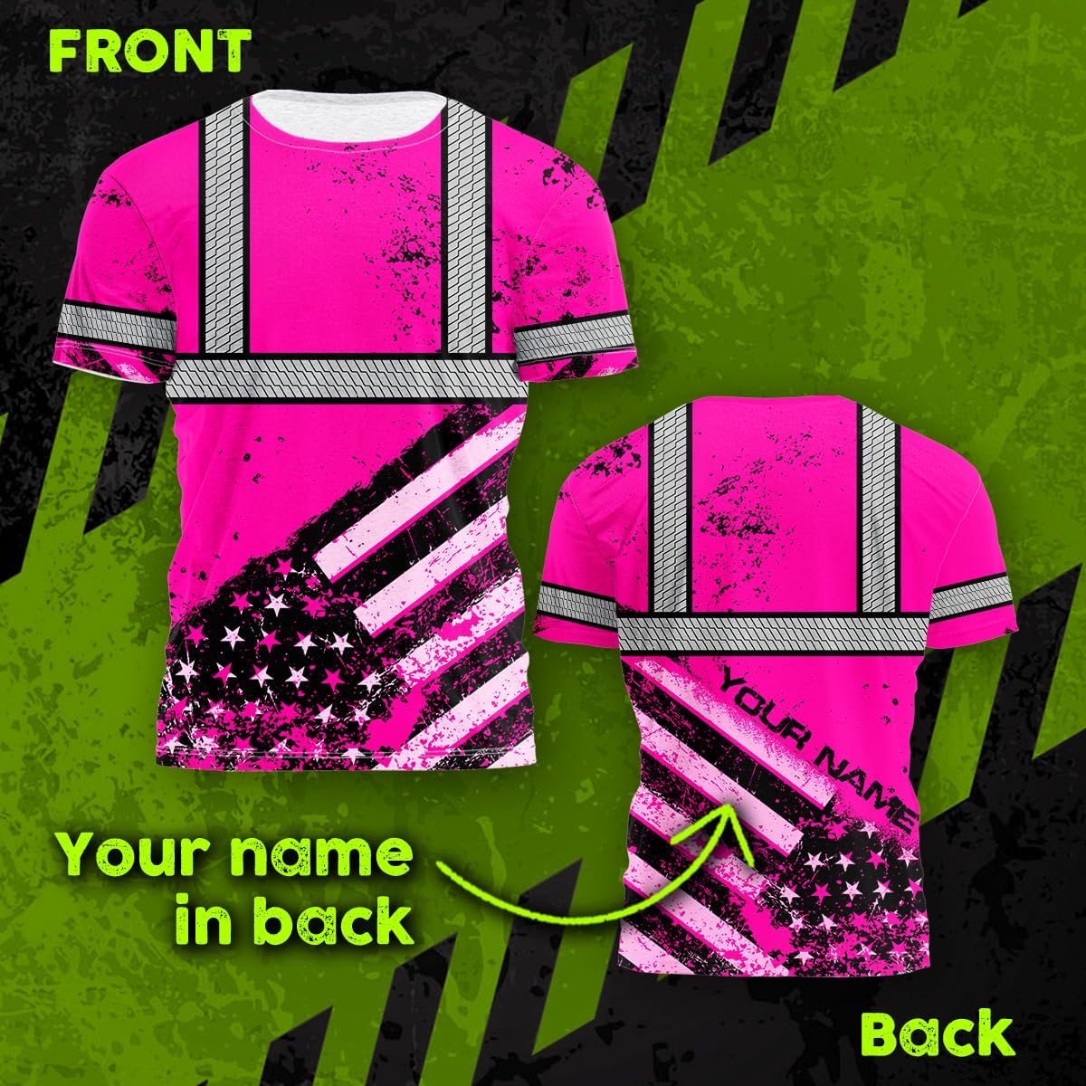 HiVis Custom Camisa de alta visibilidad de calavera con bandera de Estados Unidos para hombres, camisas de seguridad con nombre personalizado, ropa