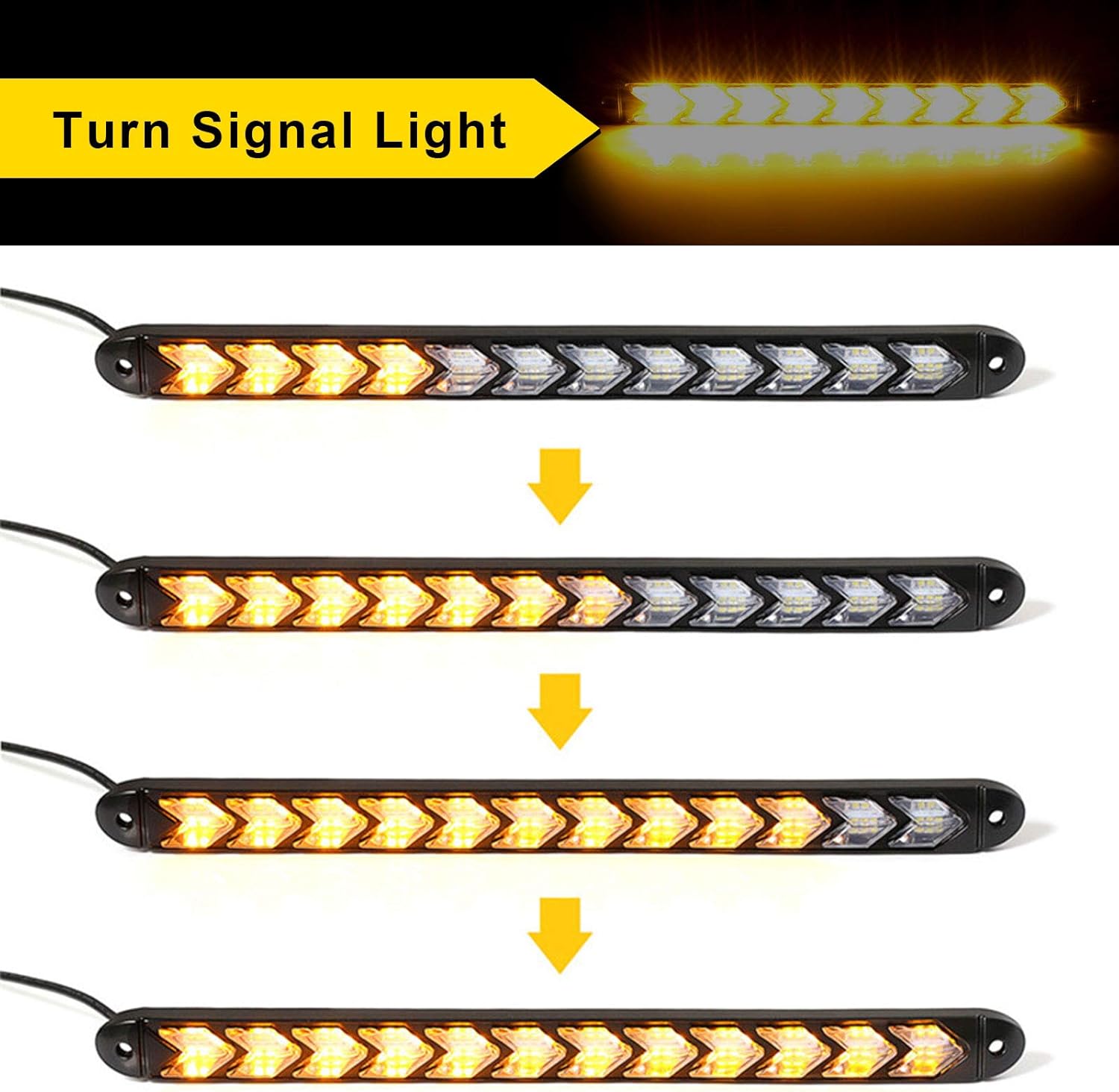 12 tiras LED de flecha DRL Switchback – Luces de circulación diurna ámbar blanco – Señal de giro secuencial de flujo dinámico de 12 V – LED