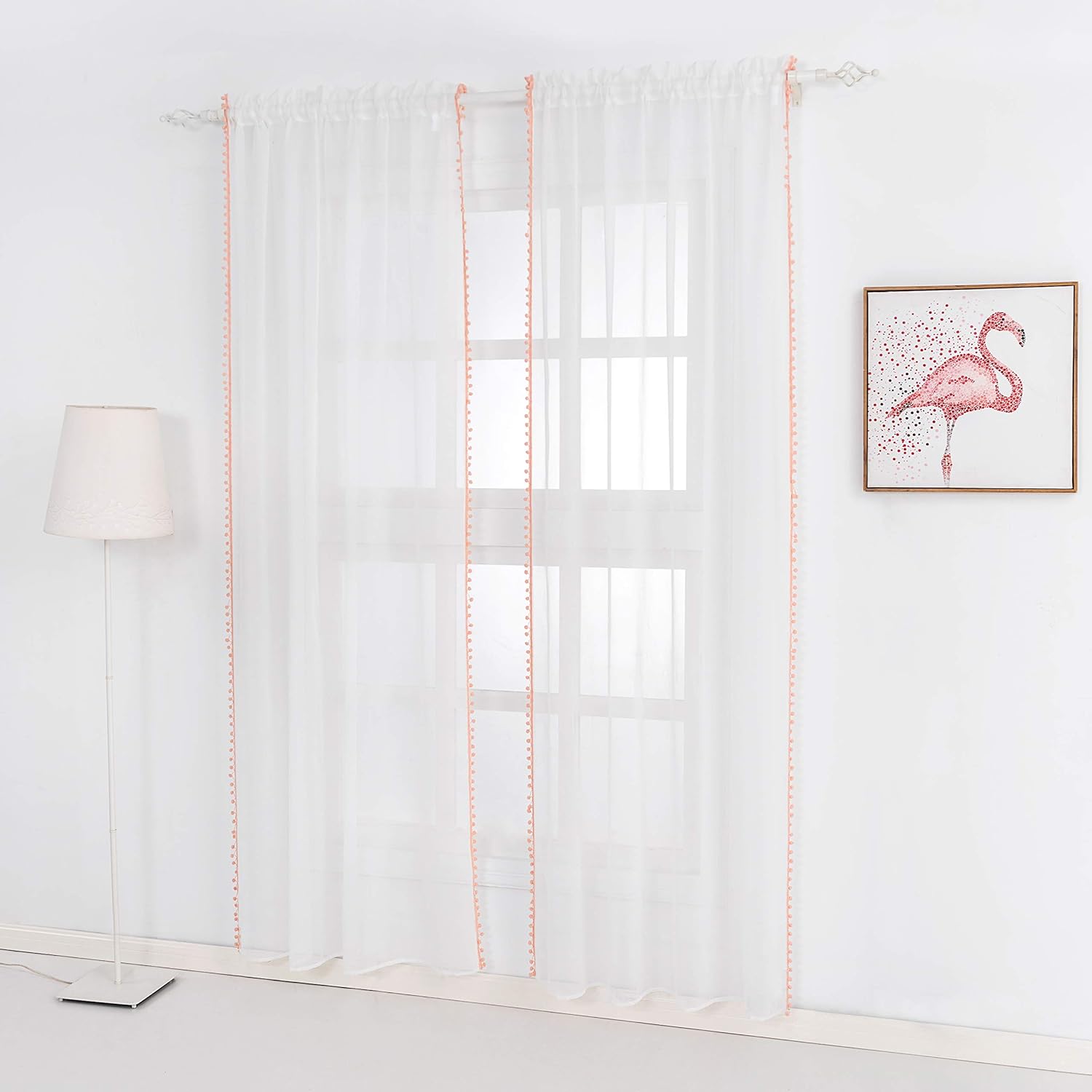 Selectex – Cortinas de gasa semitransparentes con diseño de cenefa de borlas, con bolsillo para barra, para sala de estar o habitación, juego de 2