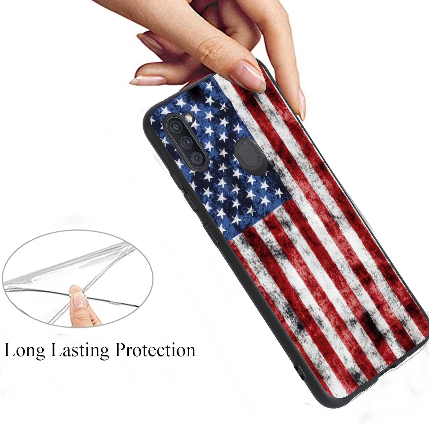 Funda compatible con Samsung Galaxy A11, diseño retro de soldado veterano de la bandera estadounidense para Samsung para hombres y mujeres, funda de