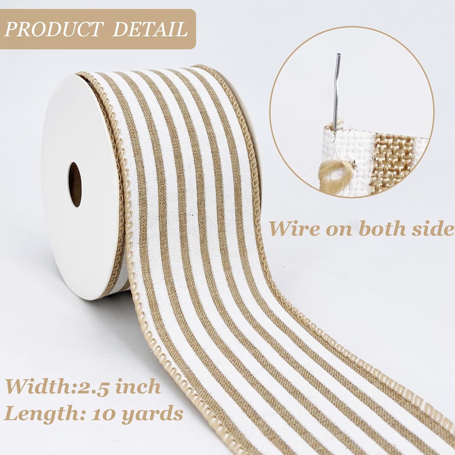 Leecogo Cinta de arpillera con alambre, 2 12 x 10 yardas, cinta rústica de rayas blancas para Pascua, Navidad, corona, primavera, verano, boda, baby