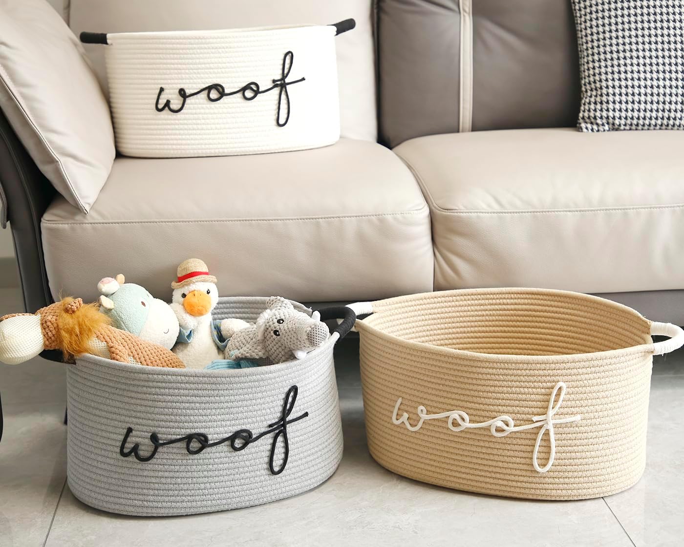 CIKI HOME Woof – Cesta de juguetes para perros, cestas tejidas para mascotas, caja de almacenamiento con asas duraderas, suministros para mascotas,