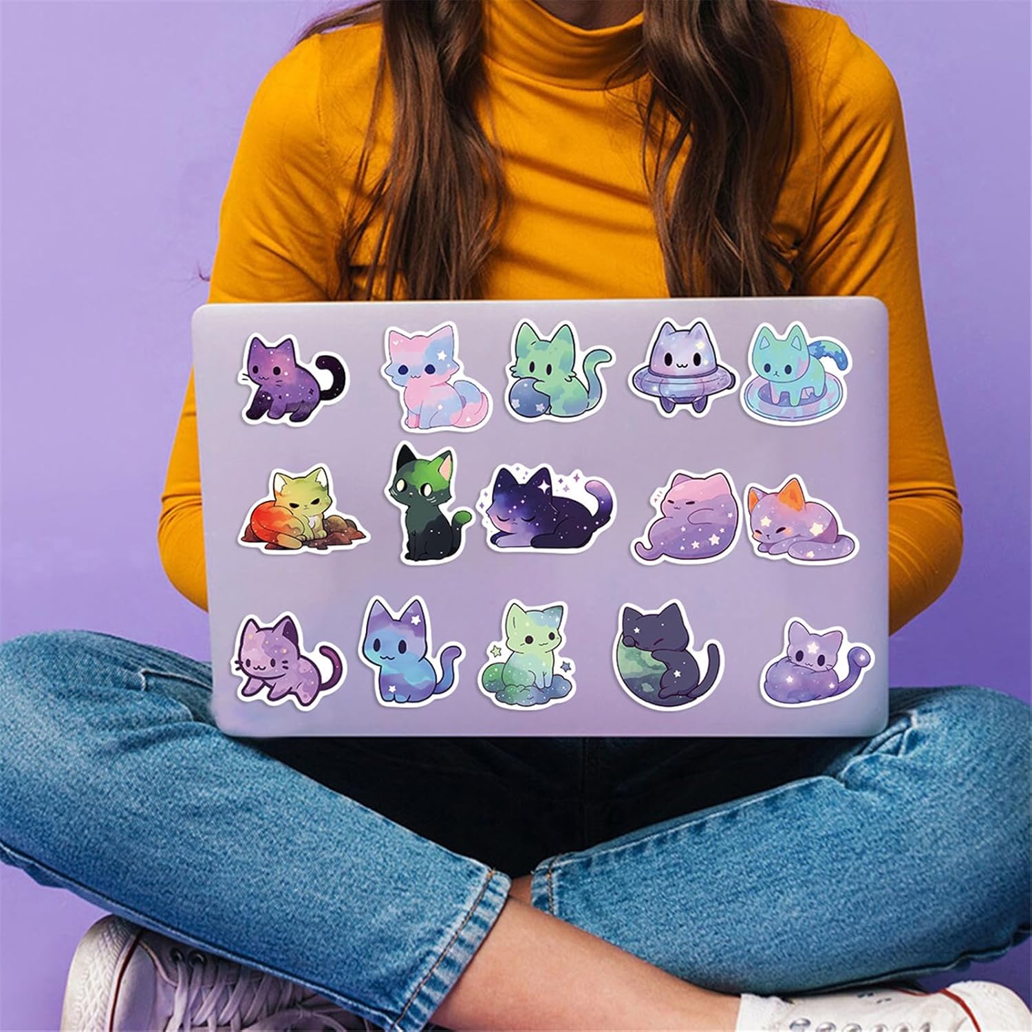 jjlin JJLIN-1 – 50 calcomanías de gato con cielo estrellado, calcomanías de gato de color arcoíris, colección Galaxy para botellas de agua, regalos
