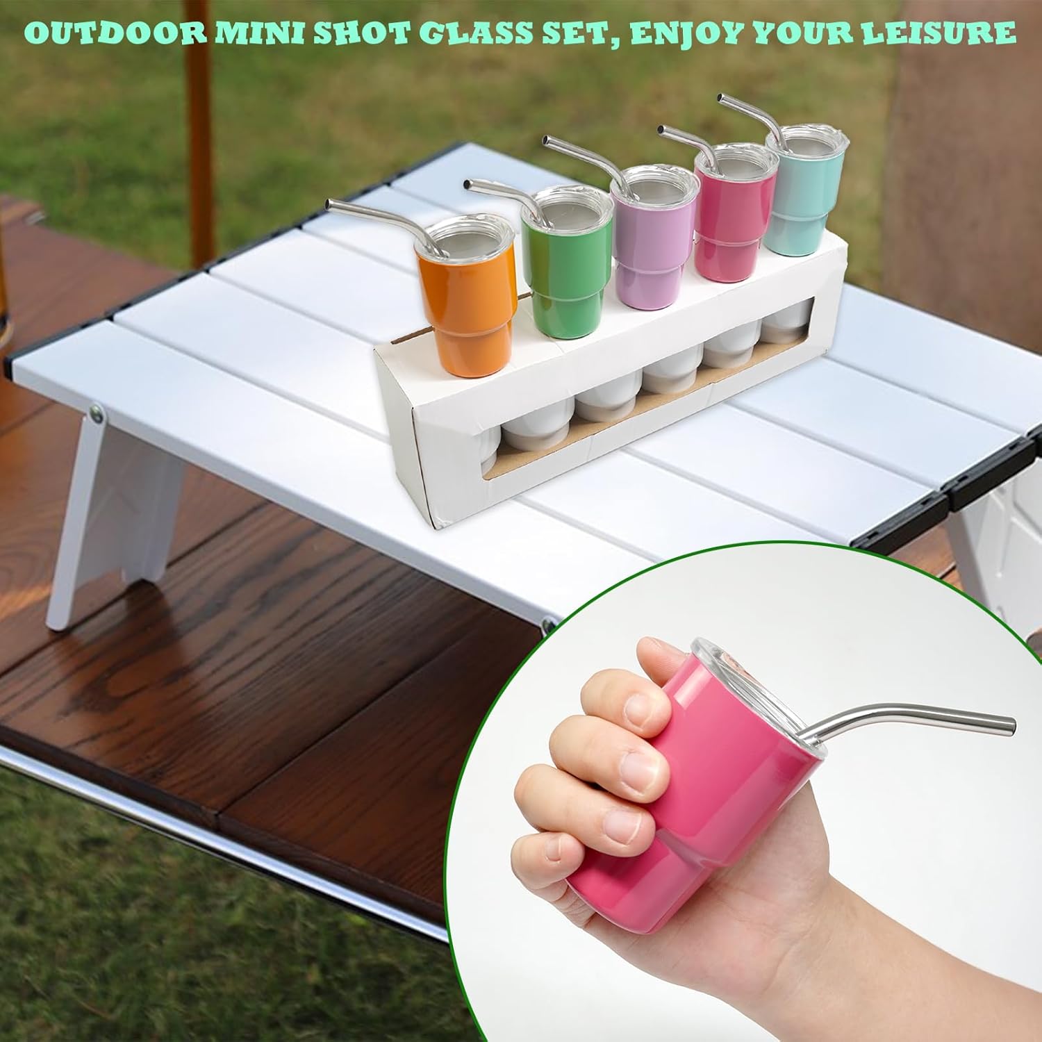 S-SNAIL-OO Mini vaso de chupito con pajilla, sublimación de doble capa de metal, lindo juego de vasos de chupito de 3 onzas con tapas para bebidas,