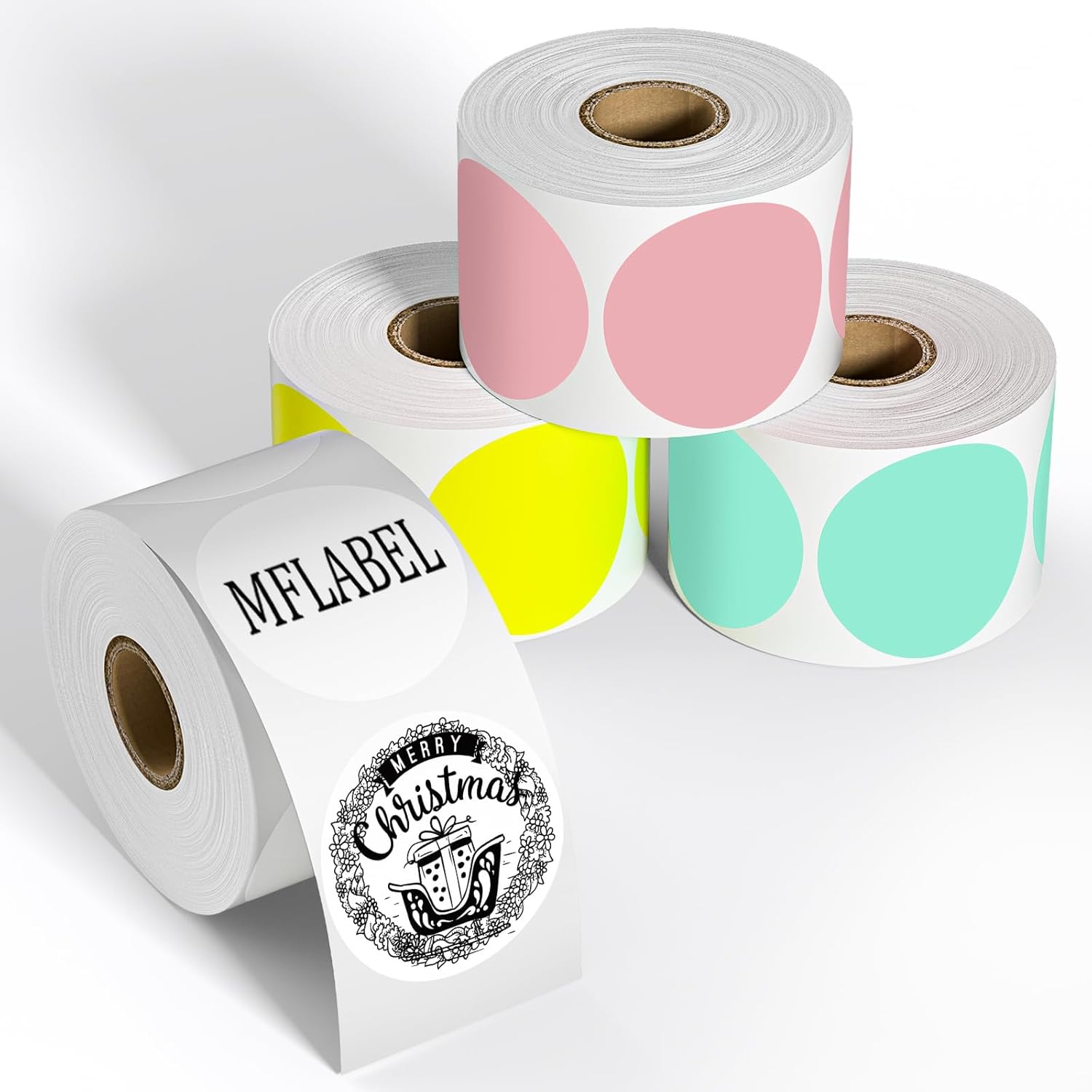 MFLABEL Etiquetas adhesivas térmicas de 2 pulgadas, 3000 etiquetas térmicas redondas, etiquetas térmicas circulares con blanco, rosa, verde,