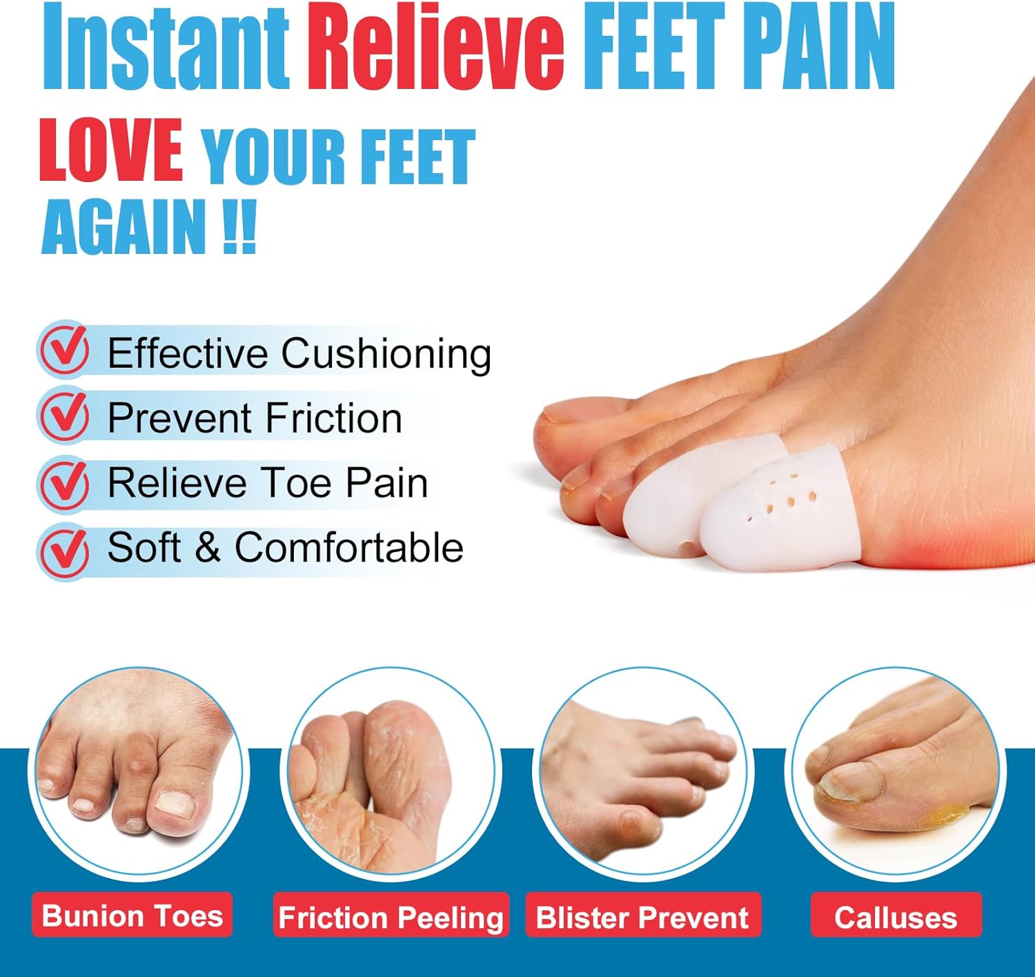 Protector de dedos de los pies, (20 unidades), transpirable, funda de gel para los dedos, ideal para ampollas, callos, dedos en martillo, pérdida de