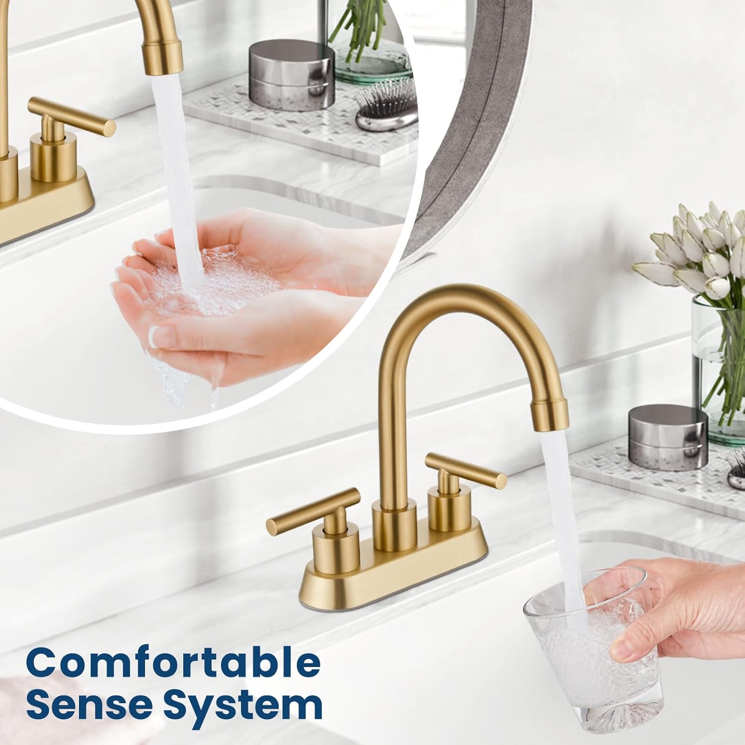 Airuida Grifo de baño central de 4 pulgadas, grifo de lavabo de baño de 2 asas, grifo de tocador de baño de dos agujeros con drenaje emergente, 2