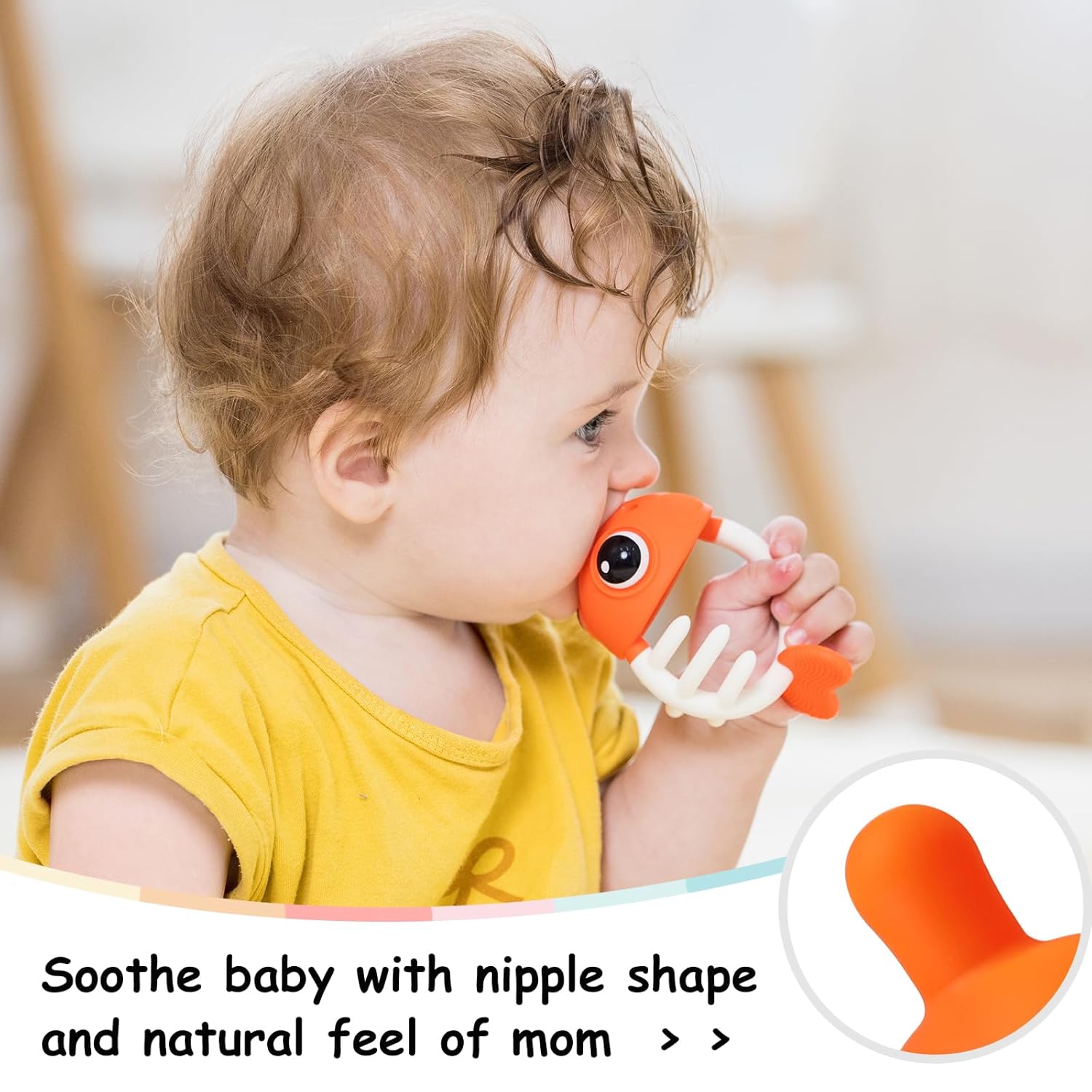 Mombella Clownfish – Juguetes mordedores para bebés, juguetes de dentición para bebés de 0, 3, 6, 12 meses con clip, mordedores de silicona suave y