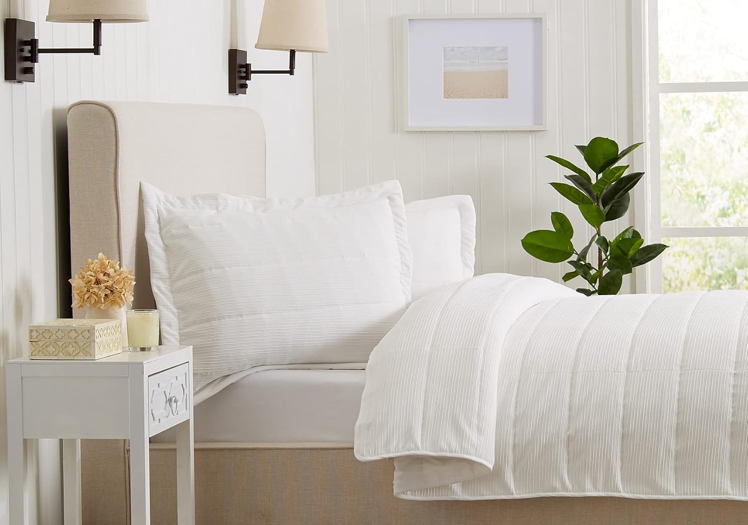 Great Bay Home – Edredón tamaño individual, blanco, de elastano, de 2 piezas con 1 funda, colchas modernas, acogedoras y para todas las estaciones,