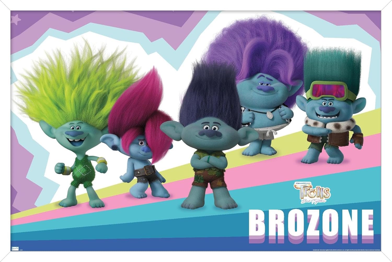 Trends International Trolls Band Together – Póster de pared de brozone, 22.37 x 34.00 pulgadas, versión enmarcada en blanco