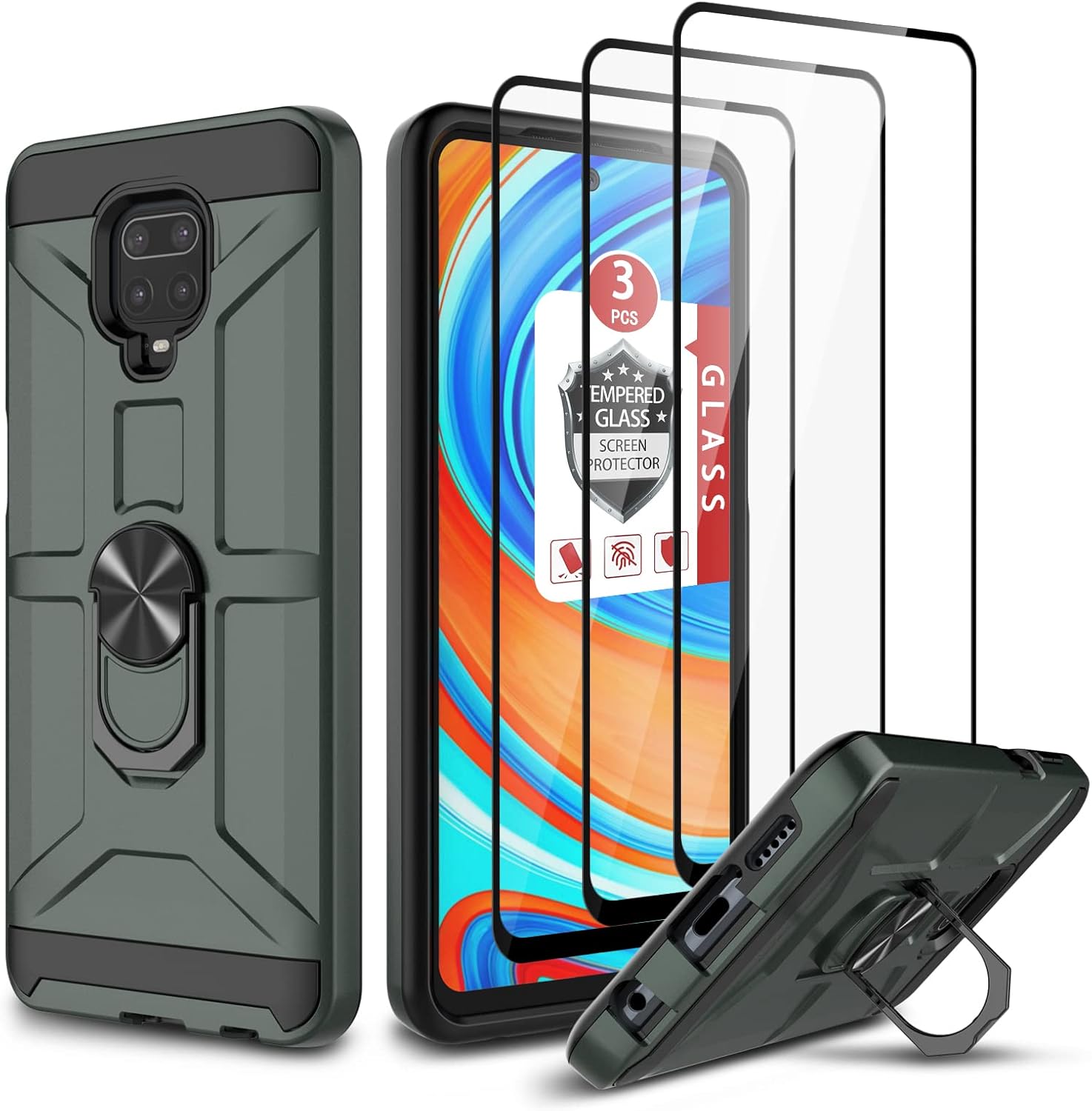 Funda para Xiaomi Note 9 Pro, Note 9sNote 9 Pro Max, con 3 protectores de pantalla de vidrio templado, soporte de anillo integrado y soporte