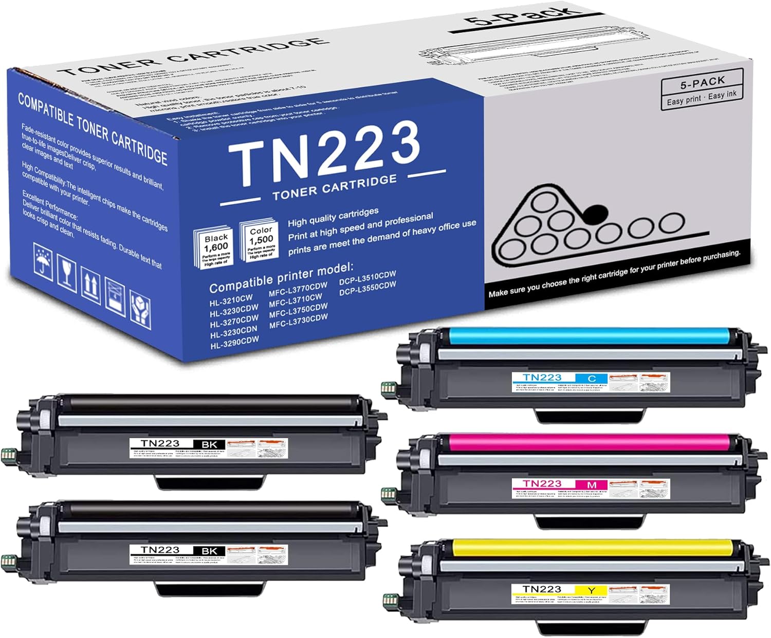 Paquete de 5 cartuchos de tóner TN223 BKCMY de alto rendimiento compatibles con TN223 Reemplazo para impresora Brother MFC-L3770CDW L3710CW L3750CDW