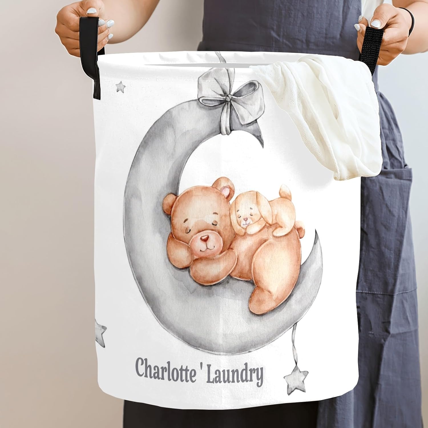 Sleepy – Cesta de ropa con asas personalizada, con diseño de oso de peluche y luna, impermeable, plegable, personalizable, para dormitorio, baño,