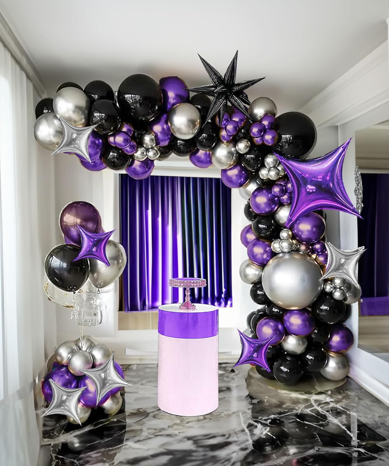 Kit de guirnalda de globos cromados, morados, negros y plateados, 126 piezas con globos de estrella grandes para mujer, aniversario de cumpleaños