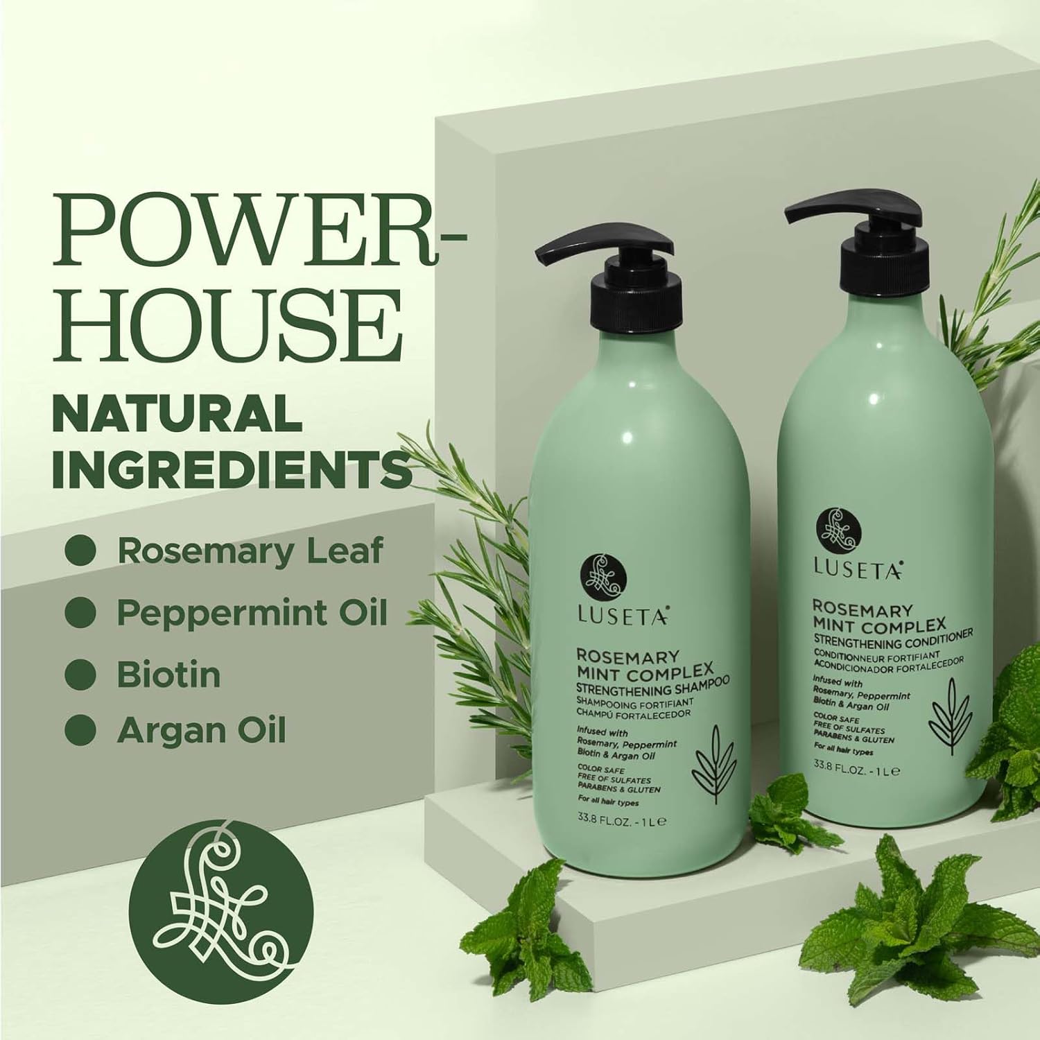 Luseta – Juego de champú y acondicionador fortalecedor de menta y romero para nutrir y suavizar el cabello dañado para adelgazar el cabello, añade